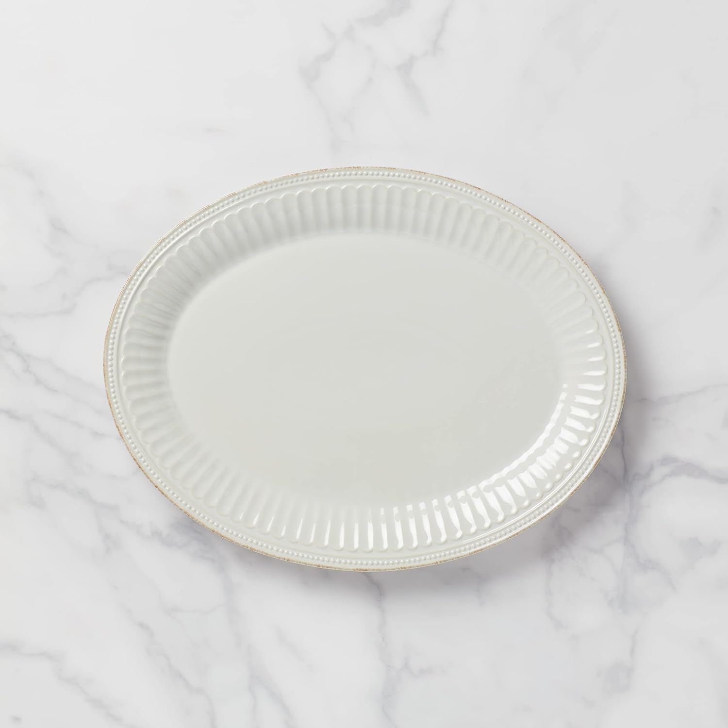 Lenox Serveware, Lenox French Perle Groove White Serving Platter, Oval Shape, 16-Inch, Stoneware, Dishwasher Safe, Turkey Platter for Thanksgiving, Winter Hosting, Christmas Serving (White, 1 Piece)