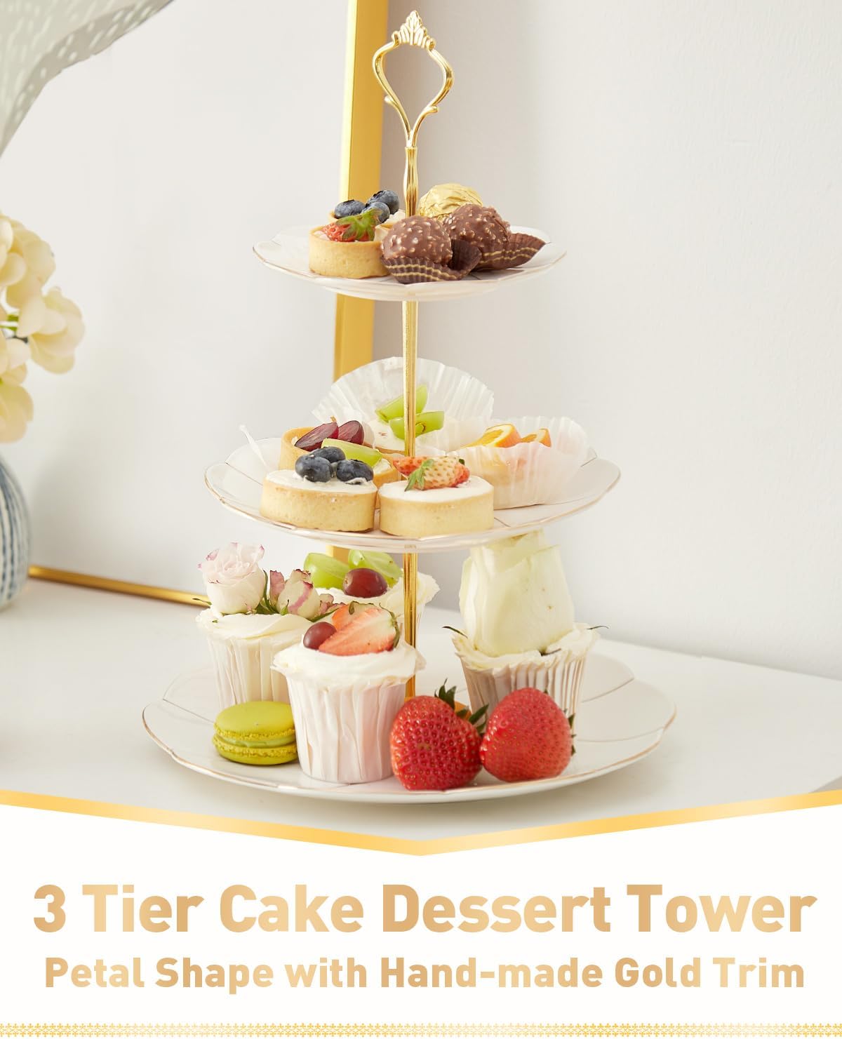 Alternative view of DUJUST Luxury Porcelain 3-Tier Cupcake Stand Tower, British Style Serving Tray with Golden Trim, Food Grade Dessert Display Stand, Beautiful Gift for Tea Party & Home Décor