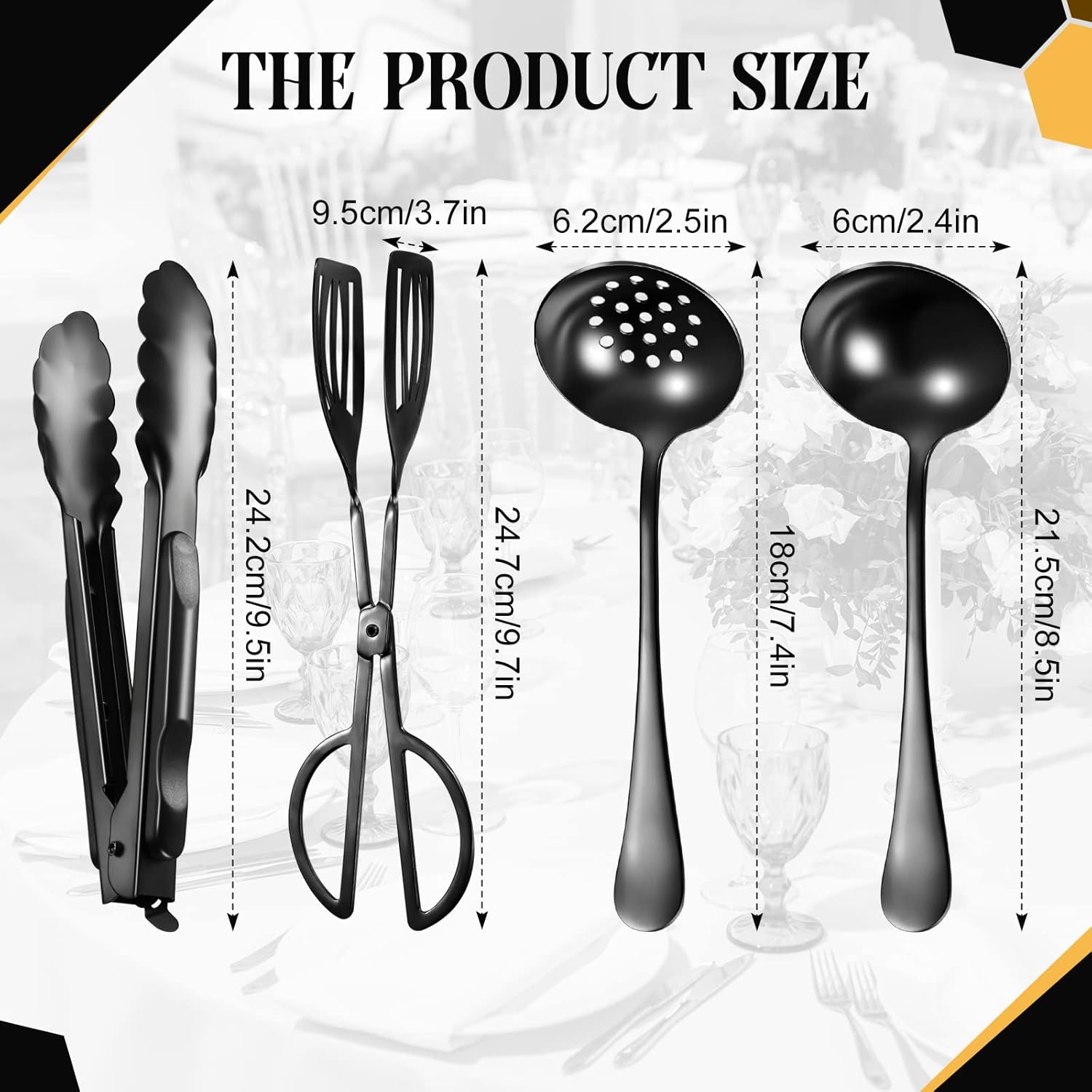 Yetene 19 Pieces Serving Flatware Set Including Stainless Steel Spatulas, Forks, Spoons, Perforated, Soup, Skimmers Spoon, Buffet Tongs, Heavy Duty Serving Tongs for Home(Black)