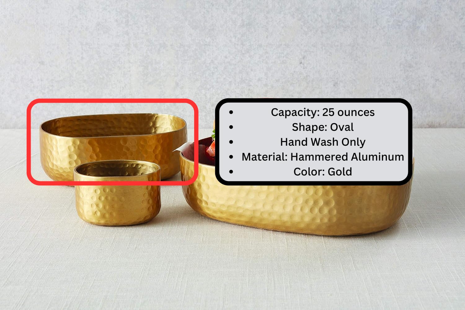 Alternative view of American Metalcraft ABHG46 Aluminum Hammered Bowl Oval, Gold, 25-ounce Capacity, Elegant and Artisanal Serveware for Presenting Entrées and Appetizer: 6 ½ L, 4 ¾ W, 2 ¼ H