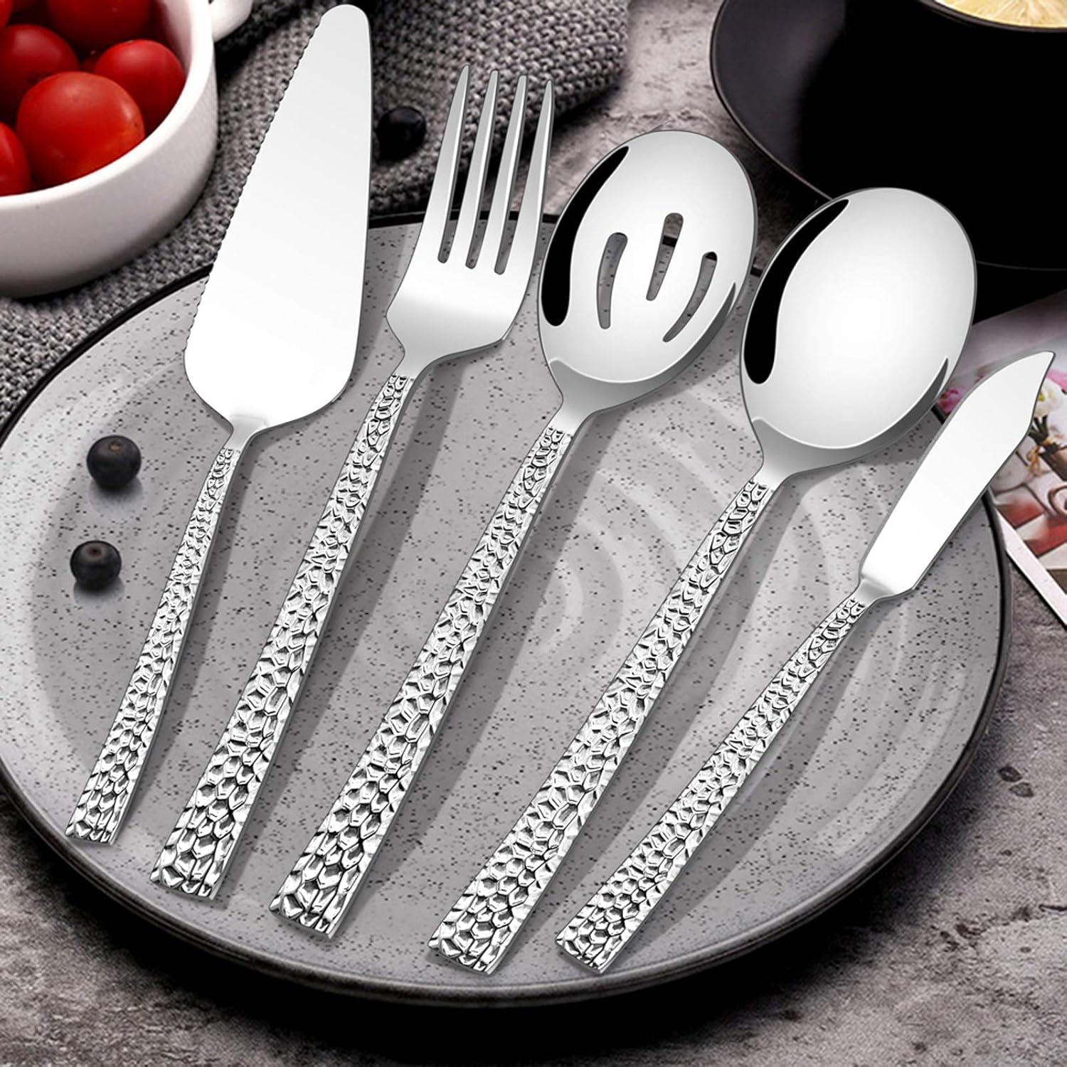 E-far Hammered Serving Utensils, 5-Piece Stainless Steel Square Hostess Serving Set for Buffet Party Kitchen Restaurant, Mirror Finished & Dishwasher Safe