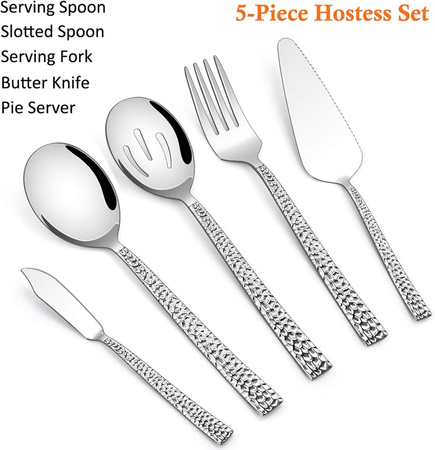 Alternative view of E-far Hammered Serving Utensils, 5-Piece Stainless Steel Square Hostess Serving Set for Buffet Party Kitchen Restaurant, Mirror Finished & Dishwasher Safe