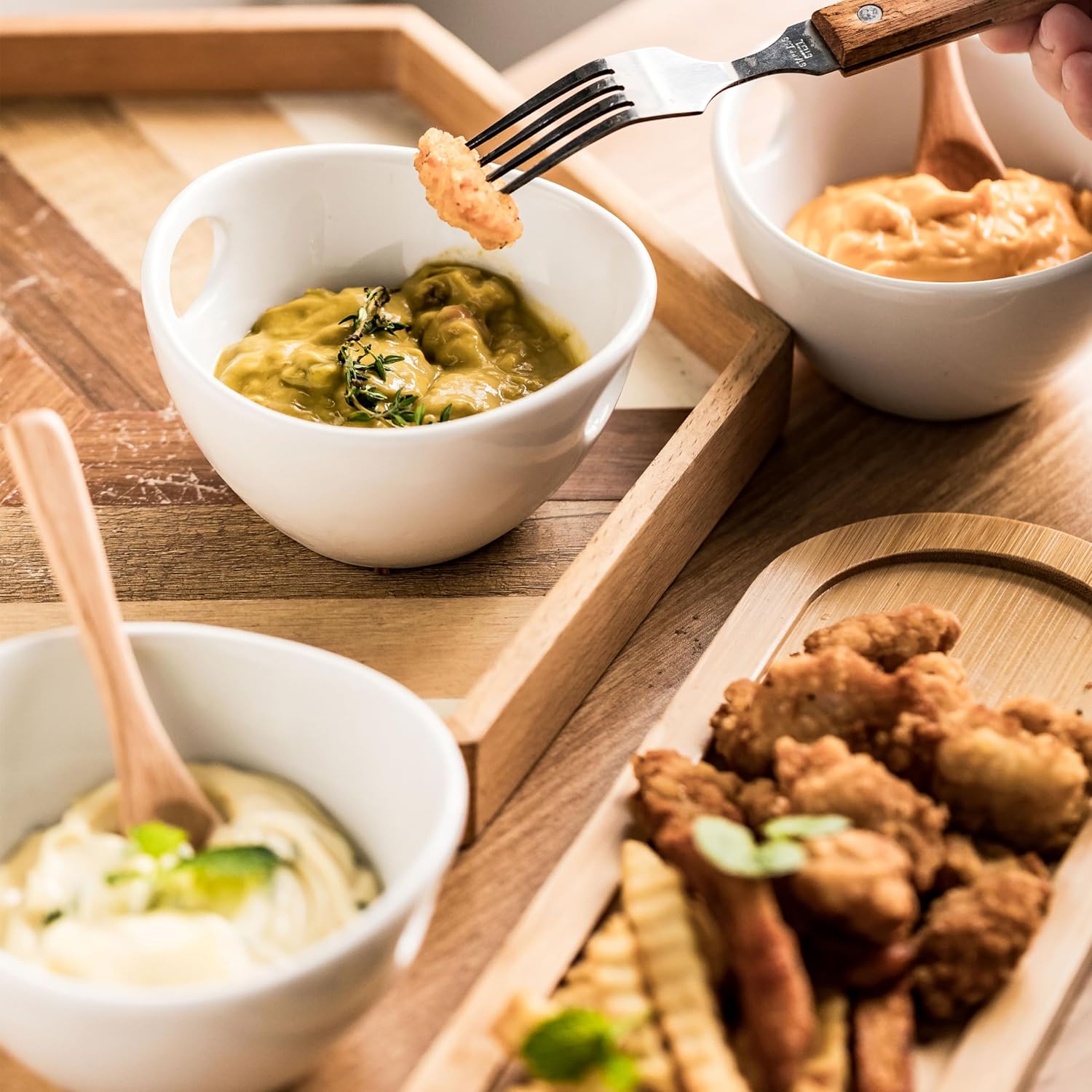 Miamolo Chip and Dip Serving Set, Dipping Sauce Bowls Divided Serving Dishes with Wooden Spoons, Ceramic Dip Bowl Display Serving Tray for Party Dinner Entertaining