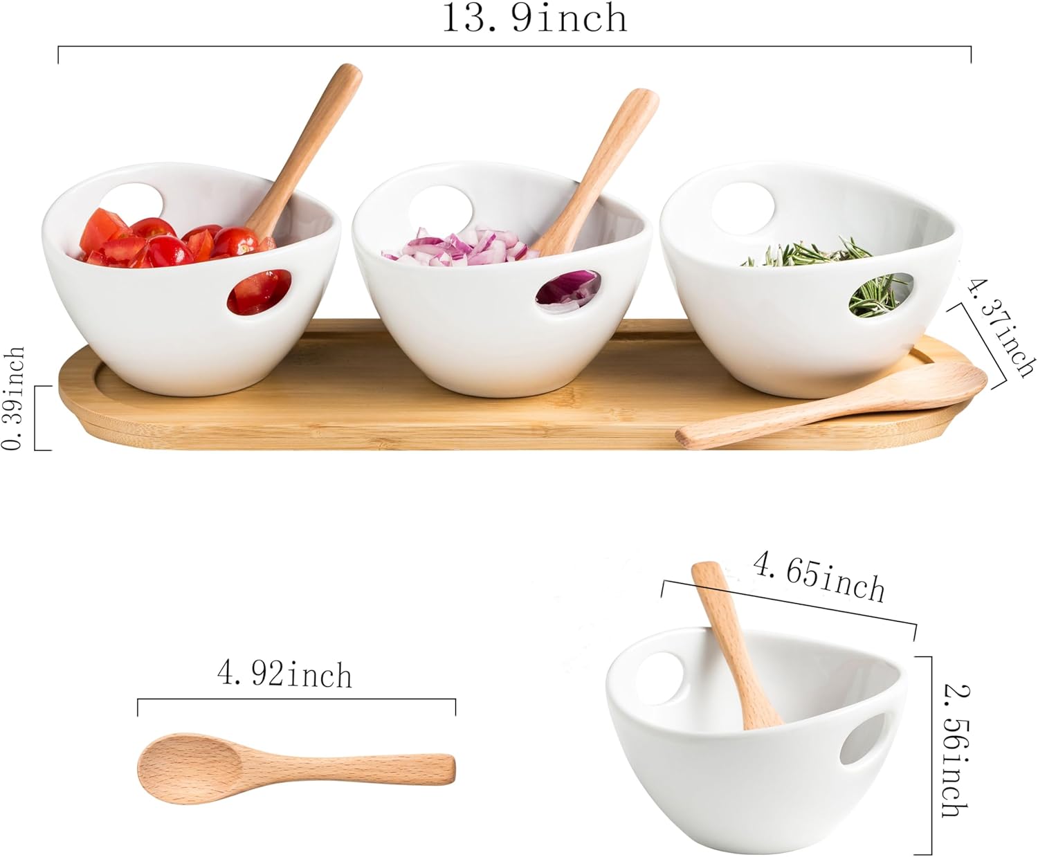 Alternative view of Miamolo Chip and Dip Serving Set, Dipping Sauce Bowls Divided Serving Dishes with Wooden Spoons, Ceramic Dip Bowl Display Serving Tray for Party Dinner Entertaining