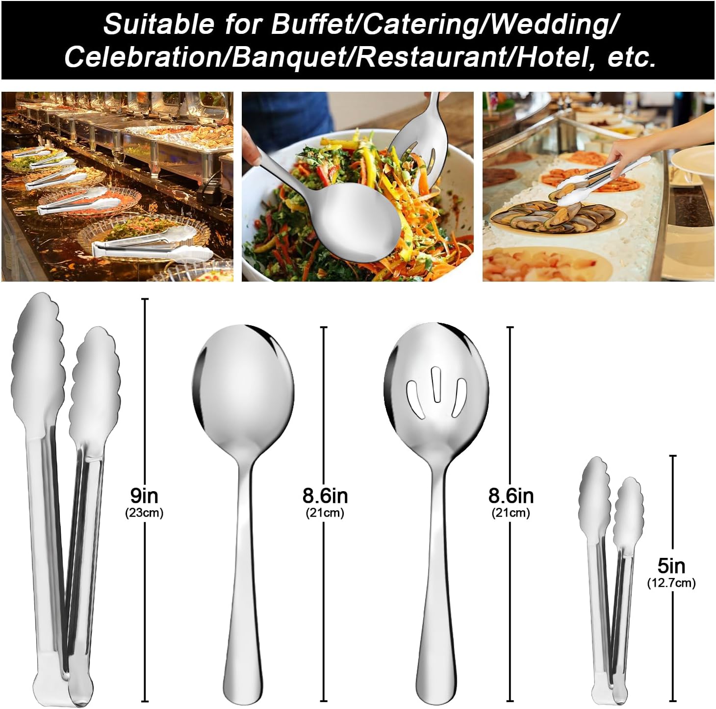 Alternative view of 12PCS Stainless Steel Serving Utensils Sets - Large Serving Spoons,Slotted Spoons,Serving Tongs,Appetizer Tongs,Utensills Sets for Buffet Catering Banquet Party (Silver)