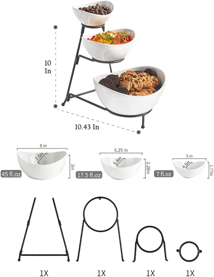 Alternative view of LYEOBOH 3 Tier Serving Bowls Set with Collapsible Thicker Metal Stand, Oval Serving Dishes for Entertaining Tiered Serving Stand for Fruit, Dessert, Candy, Chip and Dip (Black)
