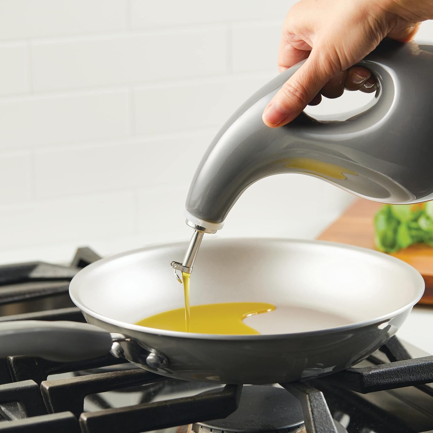 Rachael Ray Serveware Ceramic EVOO Oil and Vinegar Dispensing Bottle Set, 2 Piece, Gray