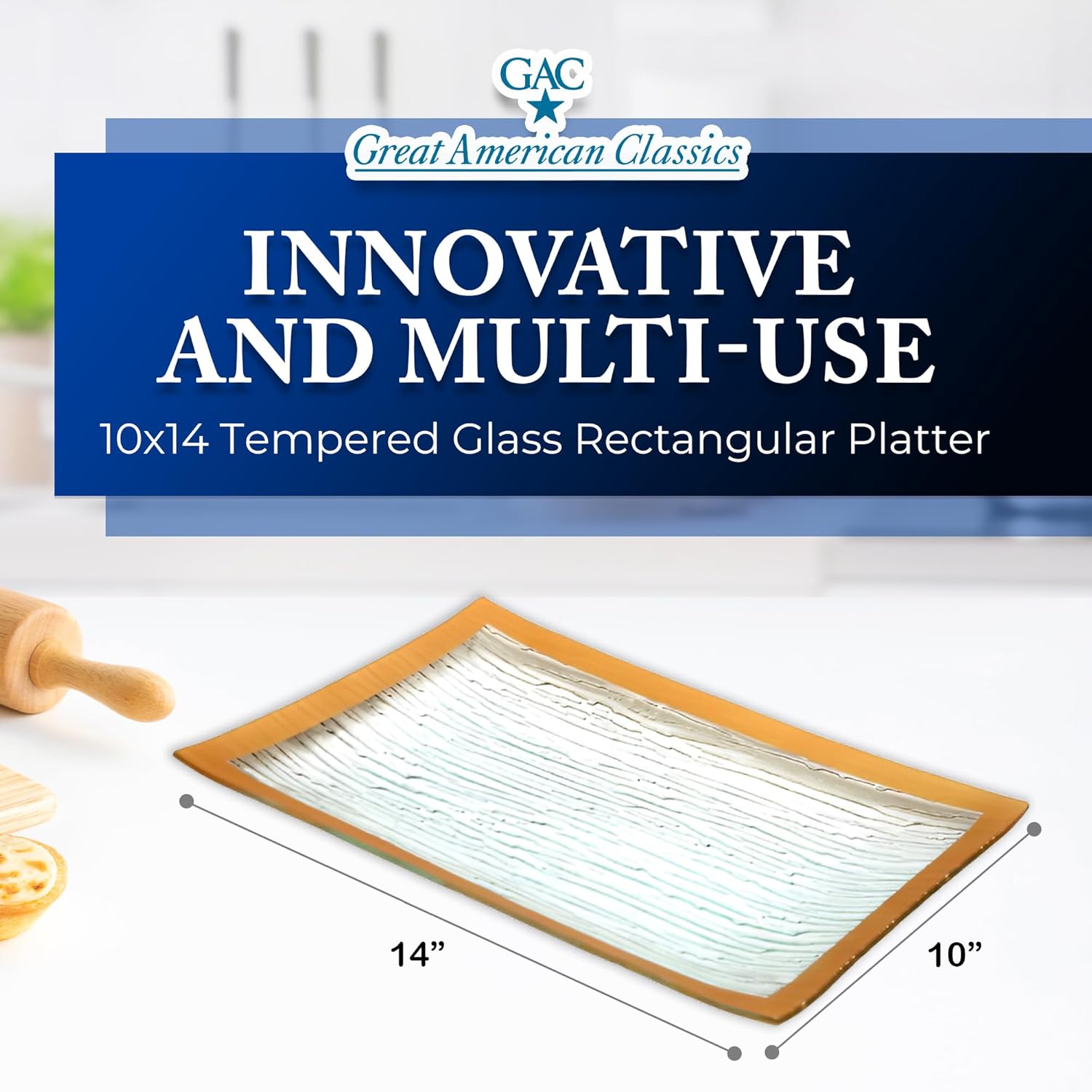 GAC Glass Serving Platter w/Gold Rain Flower Design - Rectangular Dinner Plates, Platters for Serving Food - Decorative Tray for Party - Microwave & Dishwasher Safe Serveware - 10x14 Inch