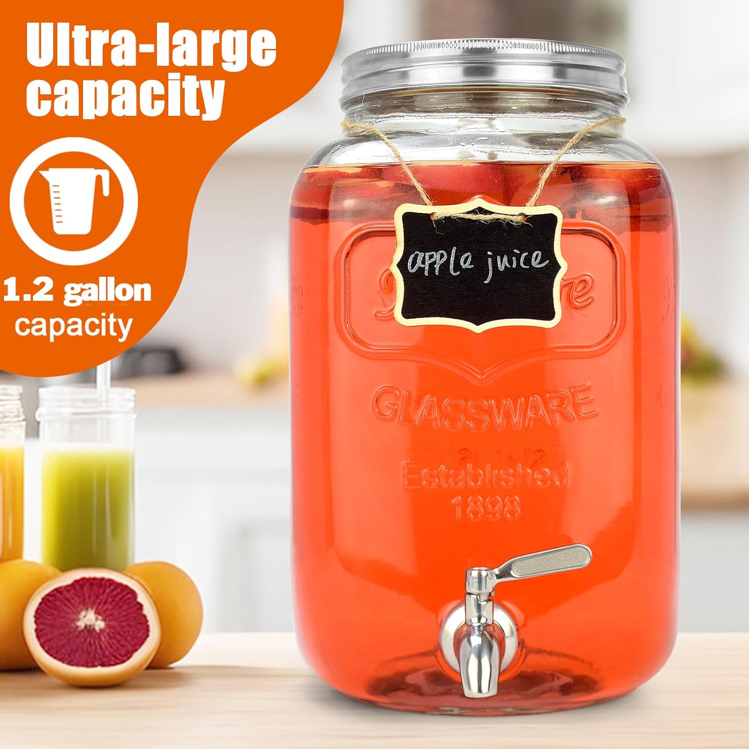 DD&HAPP Glass Drink Dispensers For Parties.1.2 Gallon Beverage Dispensers With Stand And Stainless Steel Spigot.Party Drink Dispenser For Punch,Iced Tea,Ideal for Weddings,Events,Buffet&Home Use.