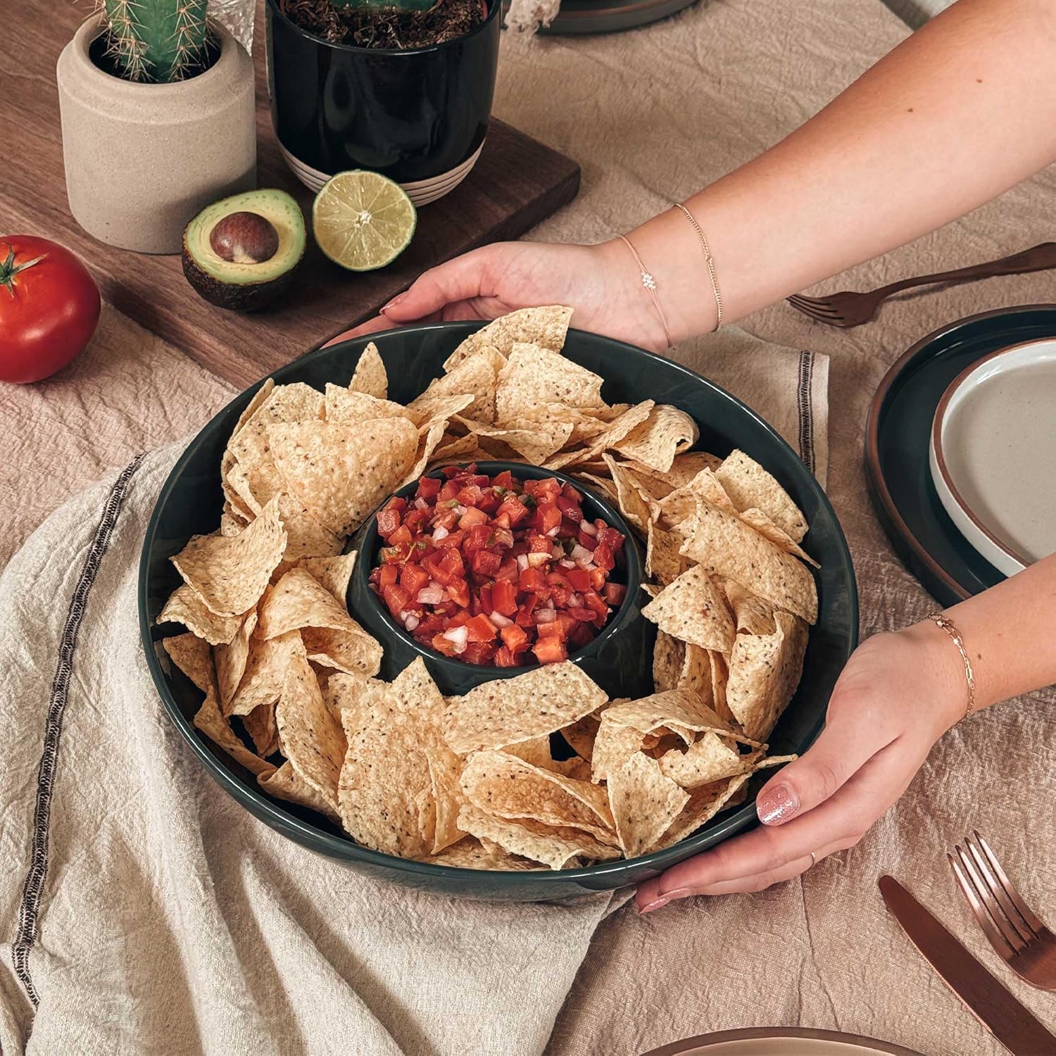 Mora Ceramic Chips and Dip Serving Tray: Large Divided Party Bowl Set for Chips & Salsa, Veggies & Dip, Fruit, Snacks, Entertaining, Hosting, etc. Minimalist Design for the Modern Hostess - Charcoal
