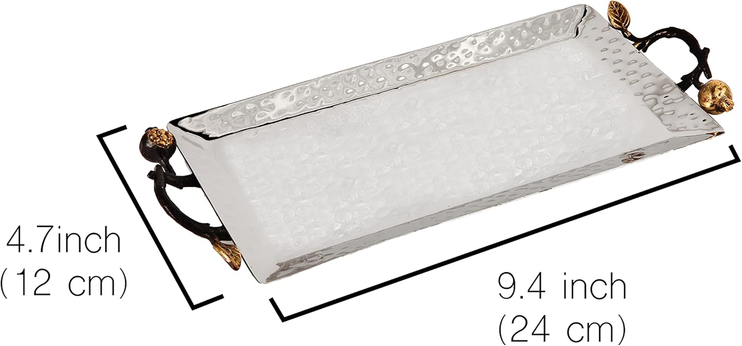Yair Emanuel Decorative Serving Tray - Hammered Stainless Steel with Gold Accent Decoration (Small - 4.7" X 9.5")