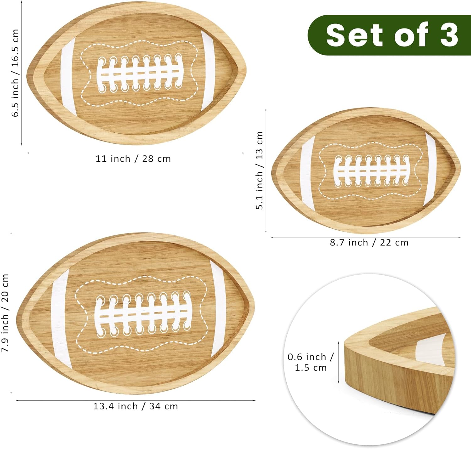 Alternative view of Aodaer 3 Pieces Football Shaped Pine Serving Tray Reusable Tailgate Wooden Serving Platter Game Day Football Serveware Snack Trays for Charcuterie Cheese Bread Fruit Food Dish Game Party Decorations