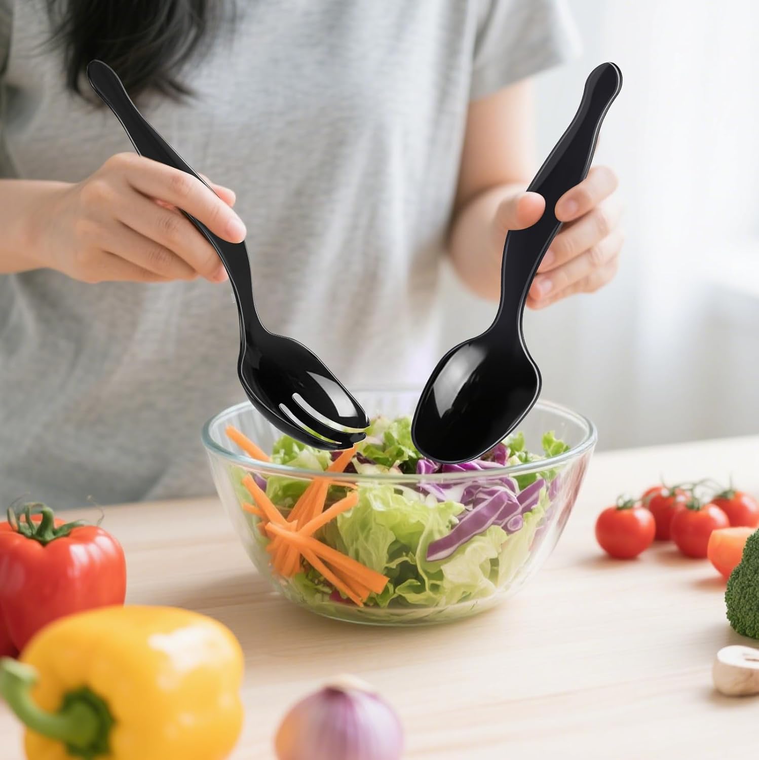 ALEXPRE 30 Pcs Disposable Black Plastic Serving Utensils,10 Set Including 9" Plastic Serving Spoons, Forks and Tongs for Dinner Parties, Buffets,Banquets, Events, Weddings, and Daily Use