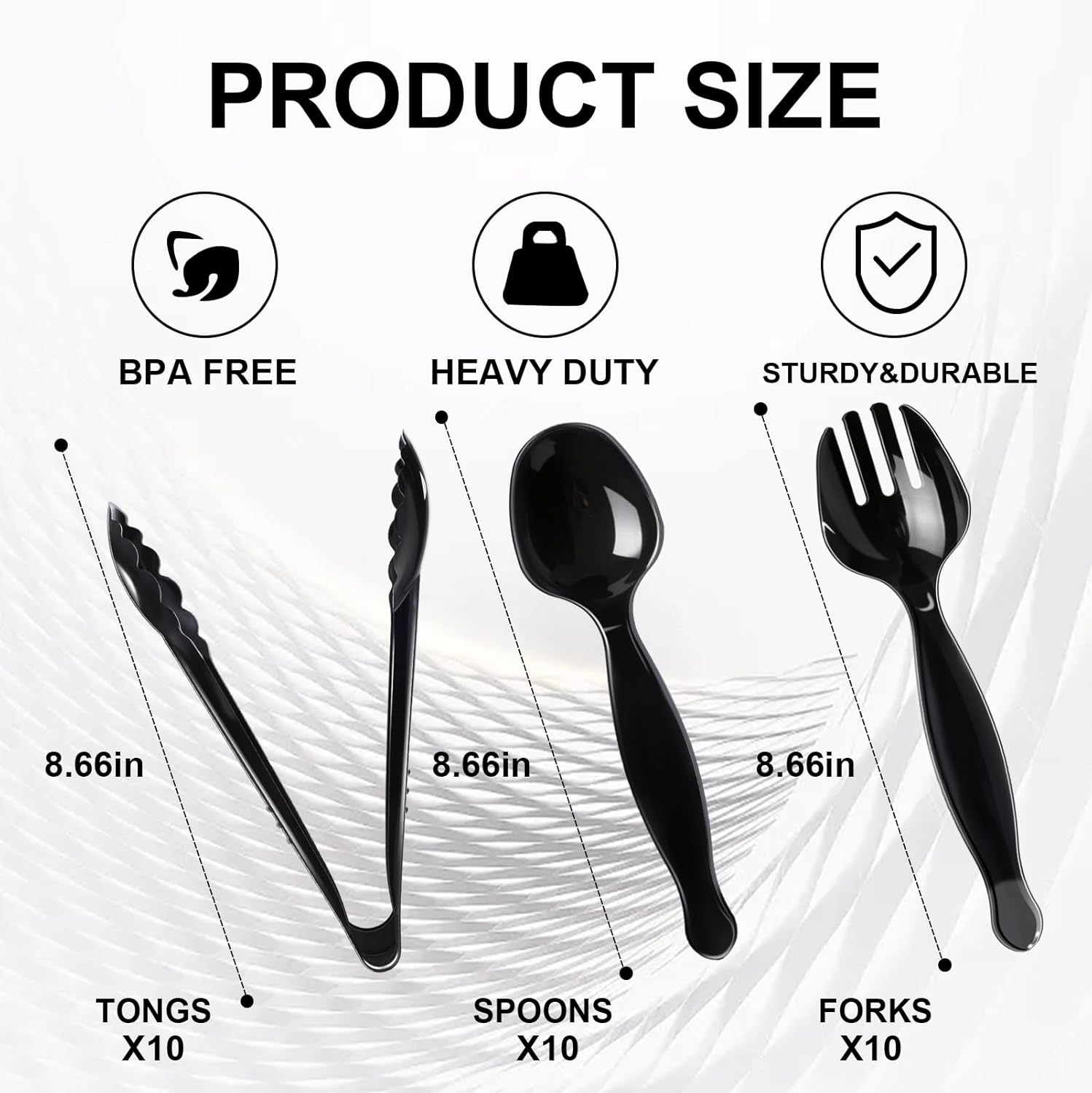 Alternative view of ALEXPRE 30 Pcs Disposable Black Plastic Serving Utensils,10 Set Including 9" Plastic Serving Spoons, Forks and Tongs for Dinner Parties, Buffets,Banquets, Events, Weddings, and Daily Use