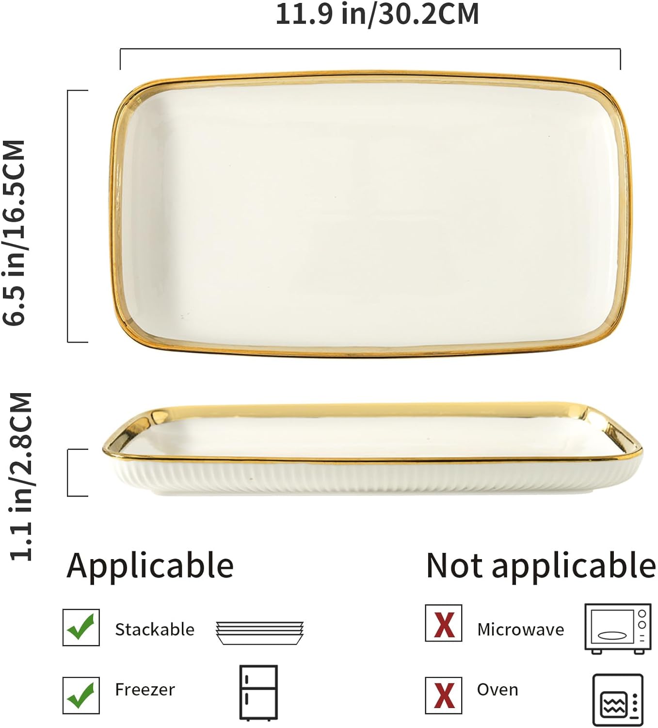 Alternative view of LETAOTAO Serving Platters, Ceramic Serving Platters Set of 4, 12 Inch Rectangular Serving Trays Dishes for Party Entertaining, White Dinner Plates with Gold Trim for Sushi Desserts Appetizers Salad