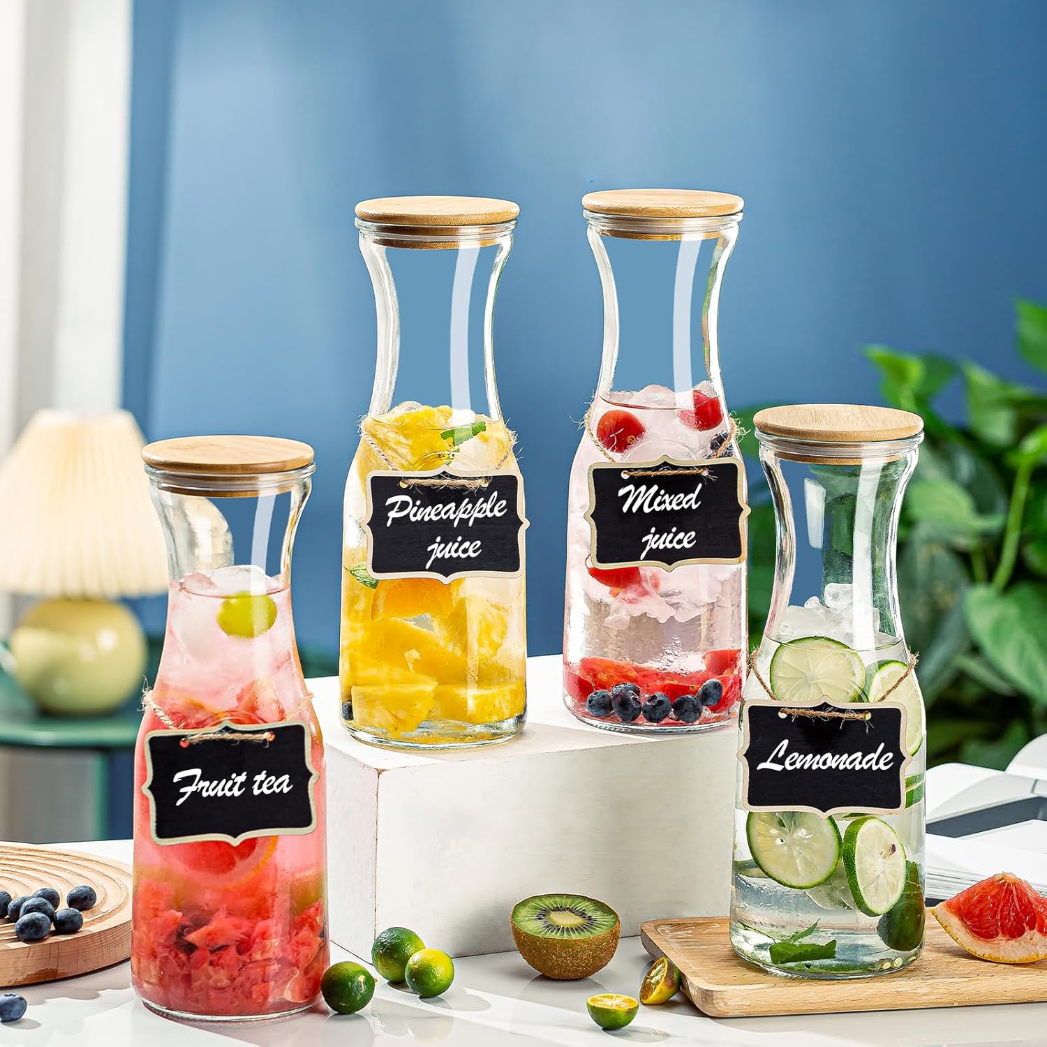 Glass Carafe Pitchers with Bamboo Lids, 4 pcs 1 Liter Beverage Serveware Pitcher Carafe Set for Mimosa Bar, Juice Container for Brunch, Cold Water, Juice -With 4 Wooden Chalkboard Tags