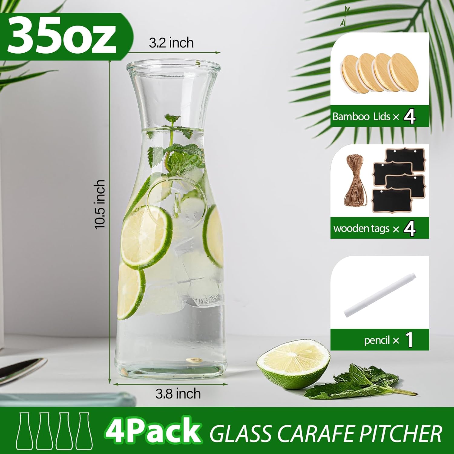 Alternative view of Glass Carafe Pitchers with Bamboo Lids, 4 pcs 1 Liter Beverage Serveware Pitcher Carafe Set for Mimosa Bar, Juice Container for Brunch, Cold Water, Juice -With 4 Wooden Chalkboard Tags