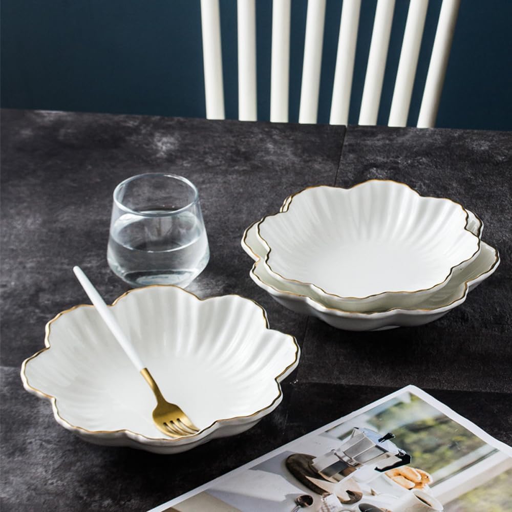 HOKMOKQOK Porcelain Serving Dish,Ceramics Flower Relish Tray with Metallic Rim,Serving Bowls for Wedding,Party Perfect for Small Cereal, Pasta, Salad, Candy and Snacks White 8 inch (8 inch)