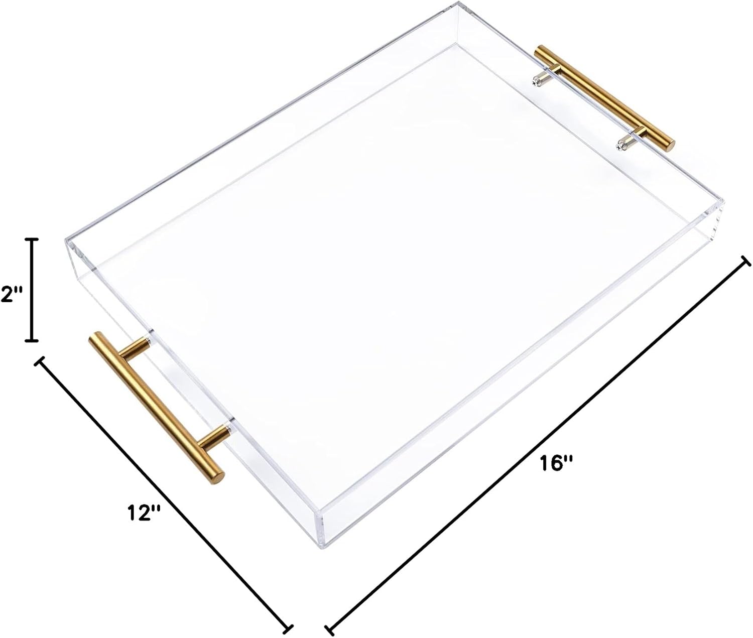 12"x16" Clear Acrylic Serving Tray with Golden Handles, Sturdy Huge Capacity Acrylic Tray for Coffee, Juice, Kitchen and Desk Organizer, Storage Tray (12"x16")