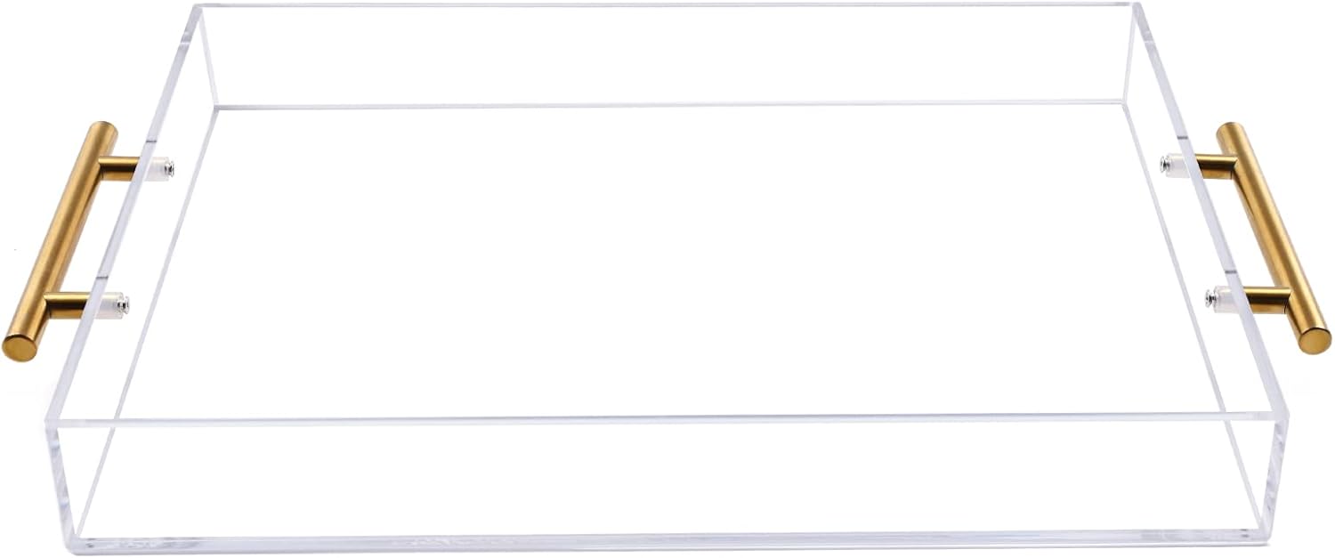 Alternative view of 12"x16" Clear Acrylic Serving Tray with Golden Handles, Sturdy Huge Capacity Acrylic Tray for Coffee, Juice, Kitchen and Desk Organizer, Storage Tray (12"x16")