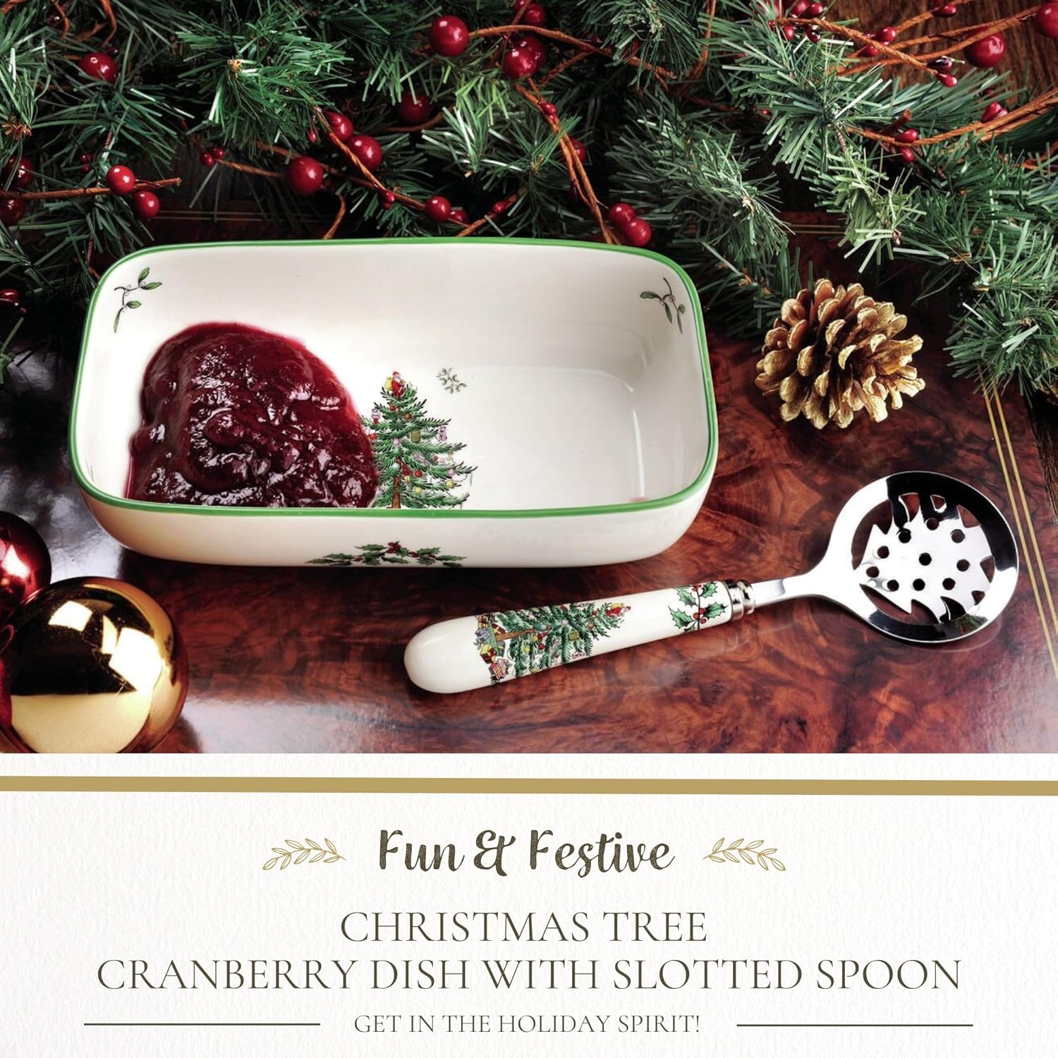 Spode Christmas Tree Cranberry Sauce Serving Dish with Slotted Spoon (8"x 6.5") - Rectangular Holiday Server with Holiday Motif - Dishwasher, Microwave, Freezer Safe Serveware for Entertaining