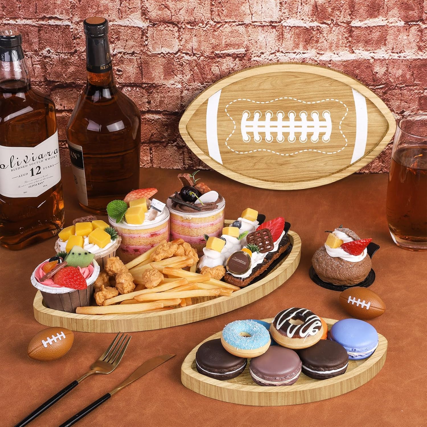 Aodaer 3 Pieces Football Shaped Pine Serving Tray Reusable Tailgate Wooden Serving Platter Game Day Football Serveware Snack Trays for Charcuterie Cheese Bread Fruit Food Dish Game Party Decorations