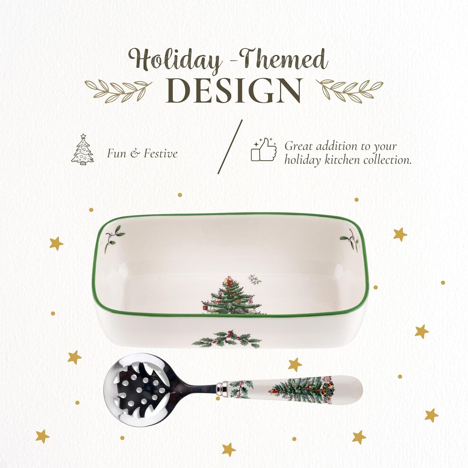 Alternative view of Spode Christmas Tree Cranberry Sauce Serving Dish with Slotted Spoon (8"x 6.5") - Rectangular Holiday Server with Holiday Motif - Dishwasher, Microwave, Freezer Safe Serveware for Entertaining