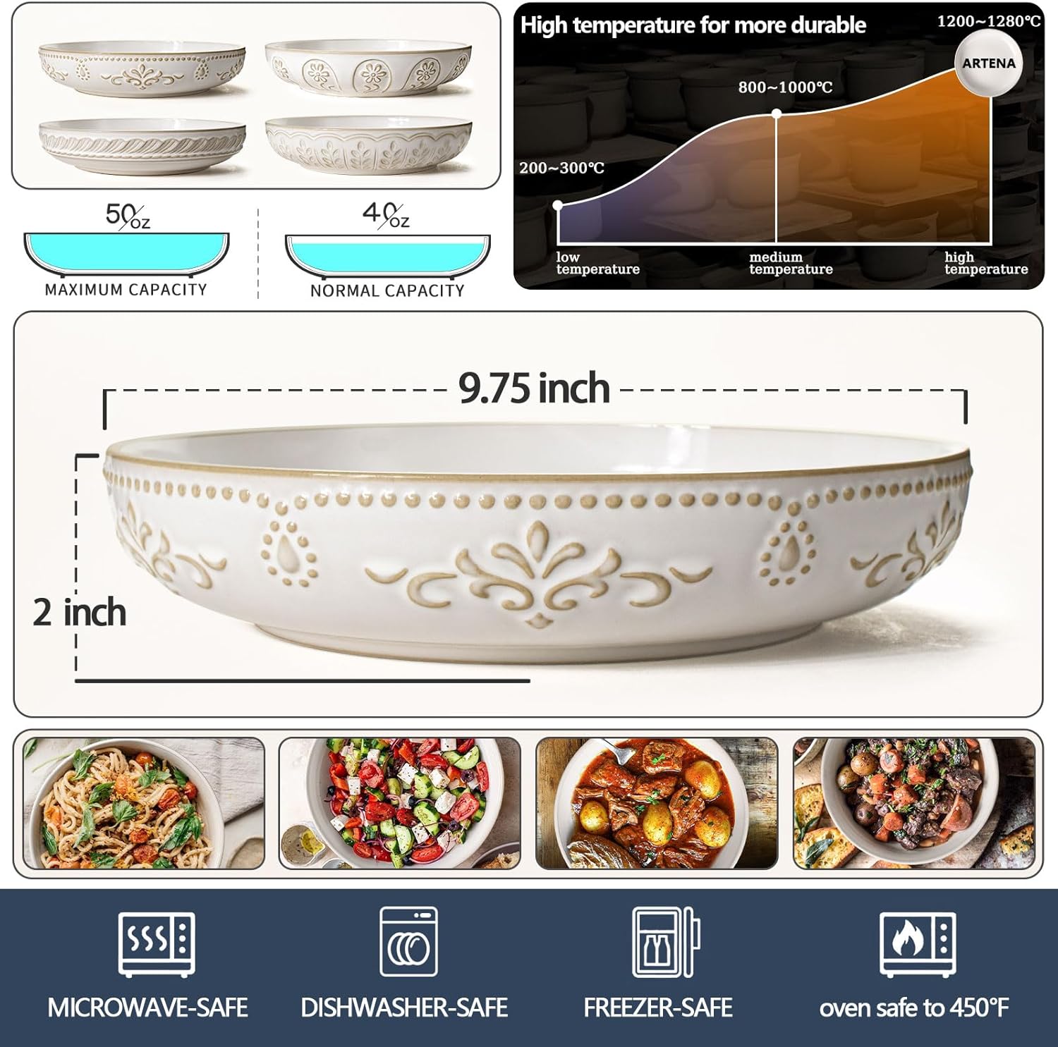 Artena Pasta Bowls, 50oz Large Salad Serving Bowls, 9.75'' Plates Bowl Set of 4, Big White Ceramic Soup Bowl for Kitchen, Embossment Shallow Dinner Bowl, Microwave Dishwasher Safe, Damask Floral