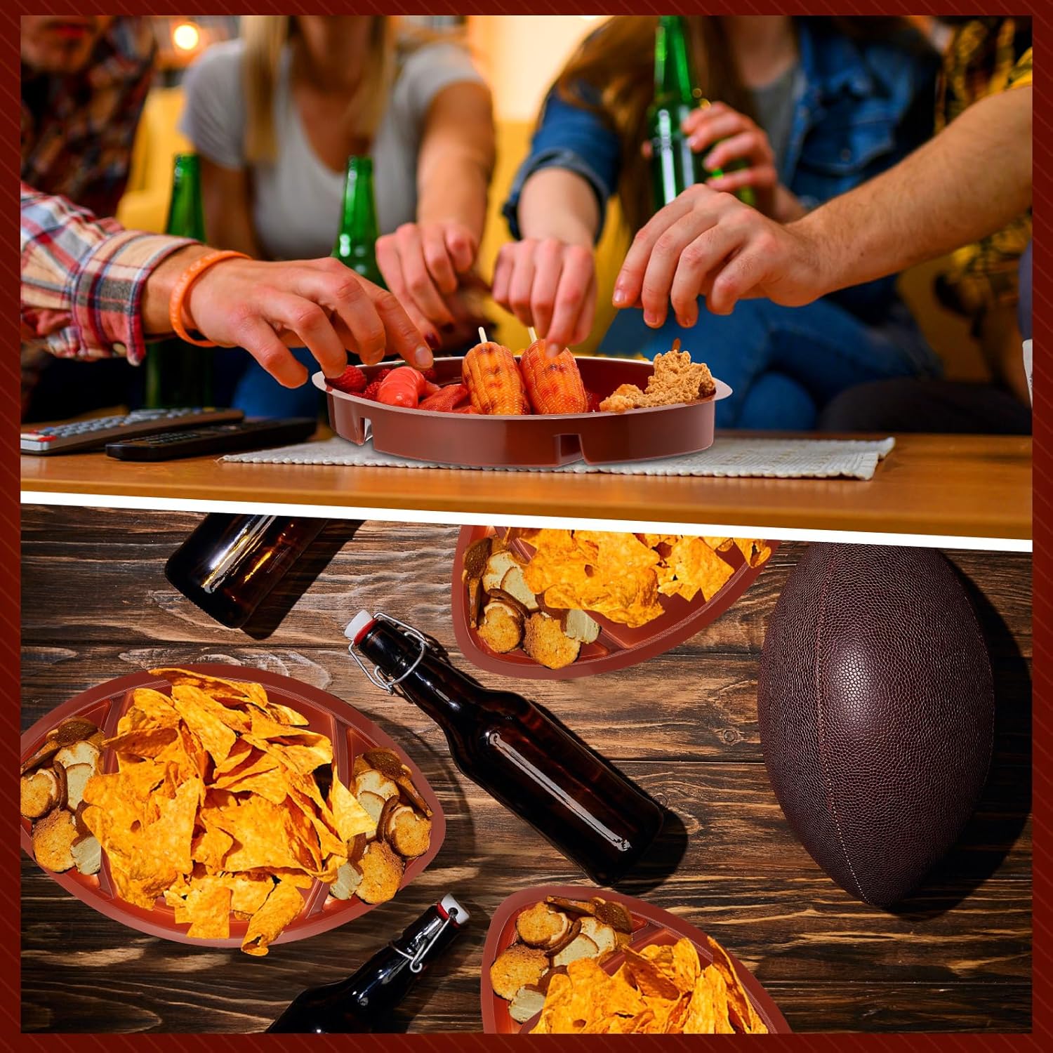 Wiwiqing 24 Pcs Football Serving Trays, Large 13.4 x 8.5 Inch Plastic Football Snack Thick Trays, Includes 2 Dip Sections, Tailgate Party Serveware Decorations