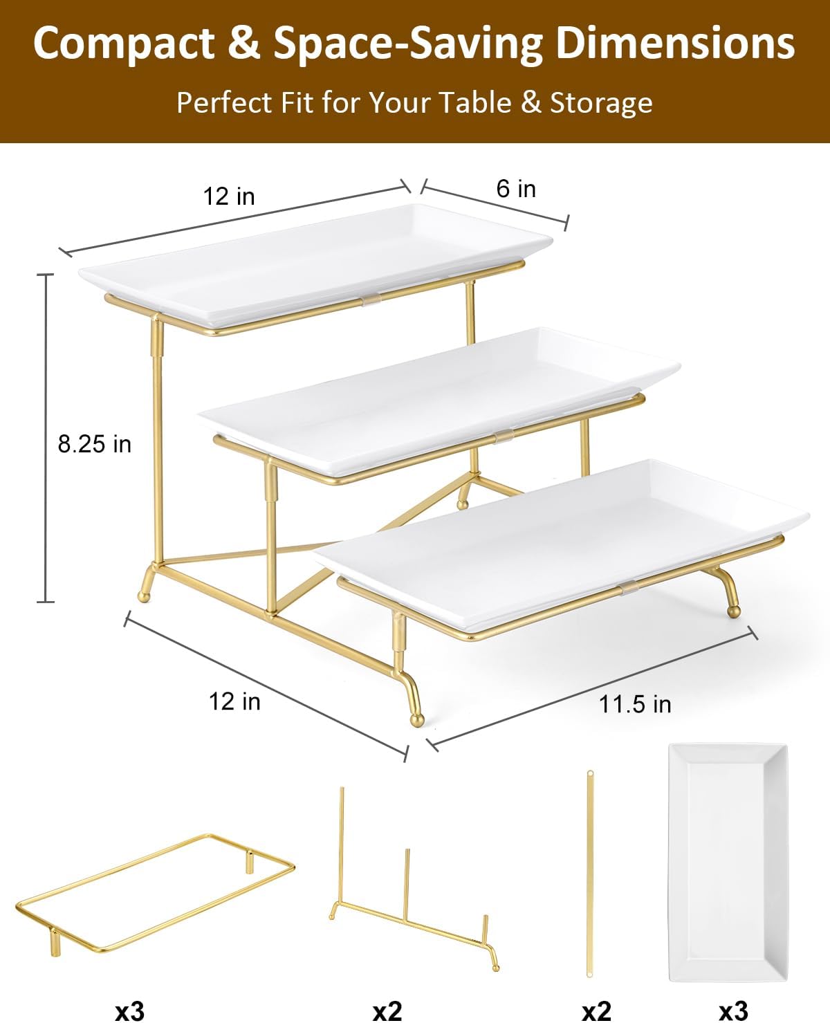Yedio 3 Tier Serving Tray Set Porcelain Tiered Serving Platters, Collapsible Sturdier Stand with Stable Cross Bars, 12 Inch Three Layer Serving for Party Entertaining Food Display Fruit Dessert