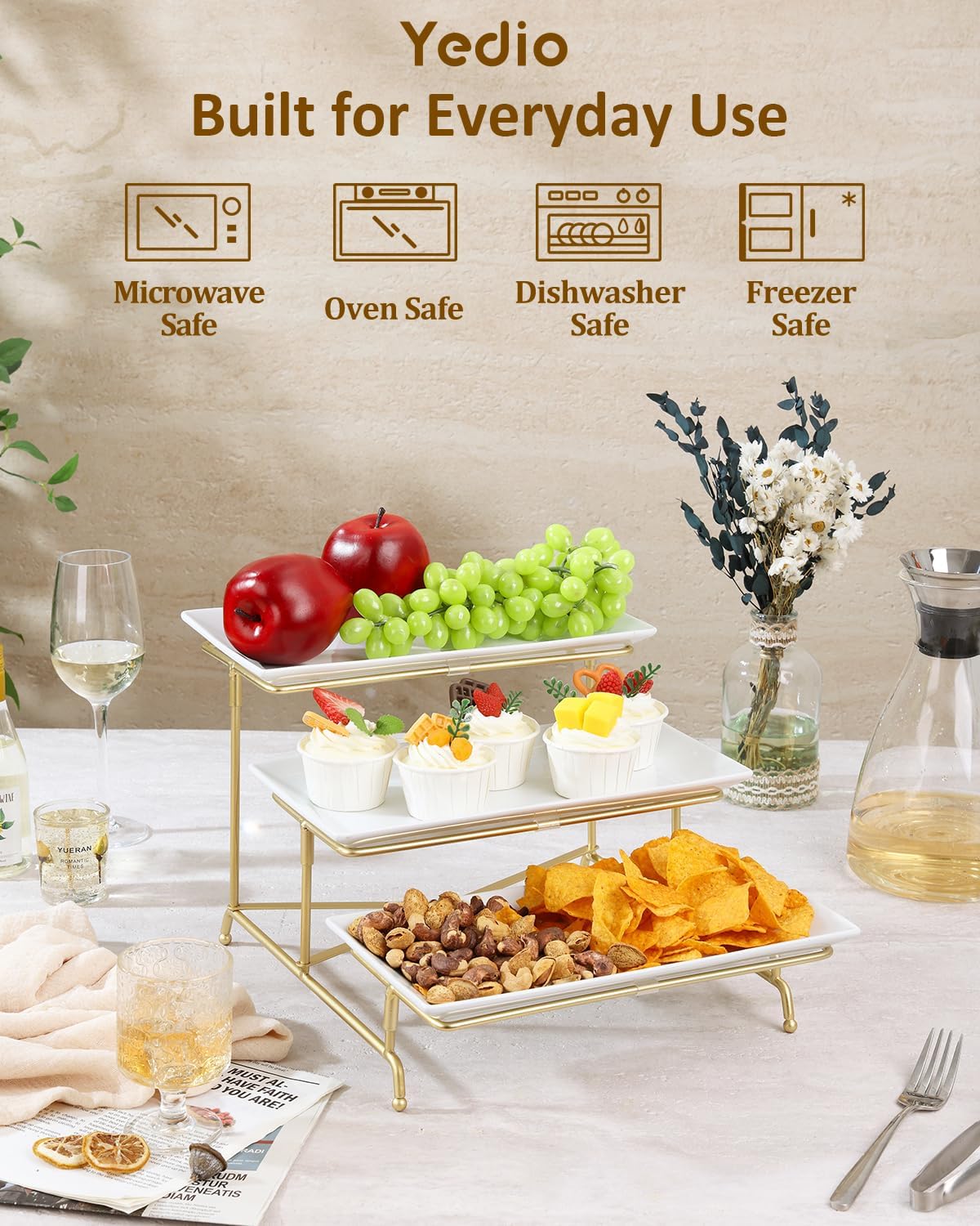 Alternative view of Yedio 3 Tier Serving Tray Set Porcelain Tiered Serving Platters, Collapsible Sturdier Stand with Stable Cross Bars, 12 Inch Three Layer Serving for Party Entertaining Food Display Fruit Dessert