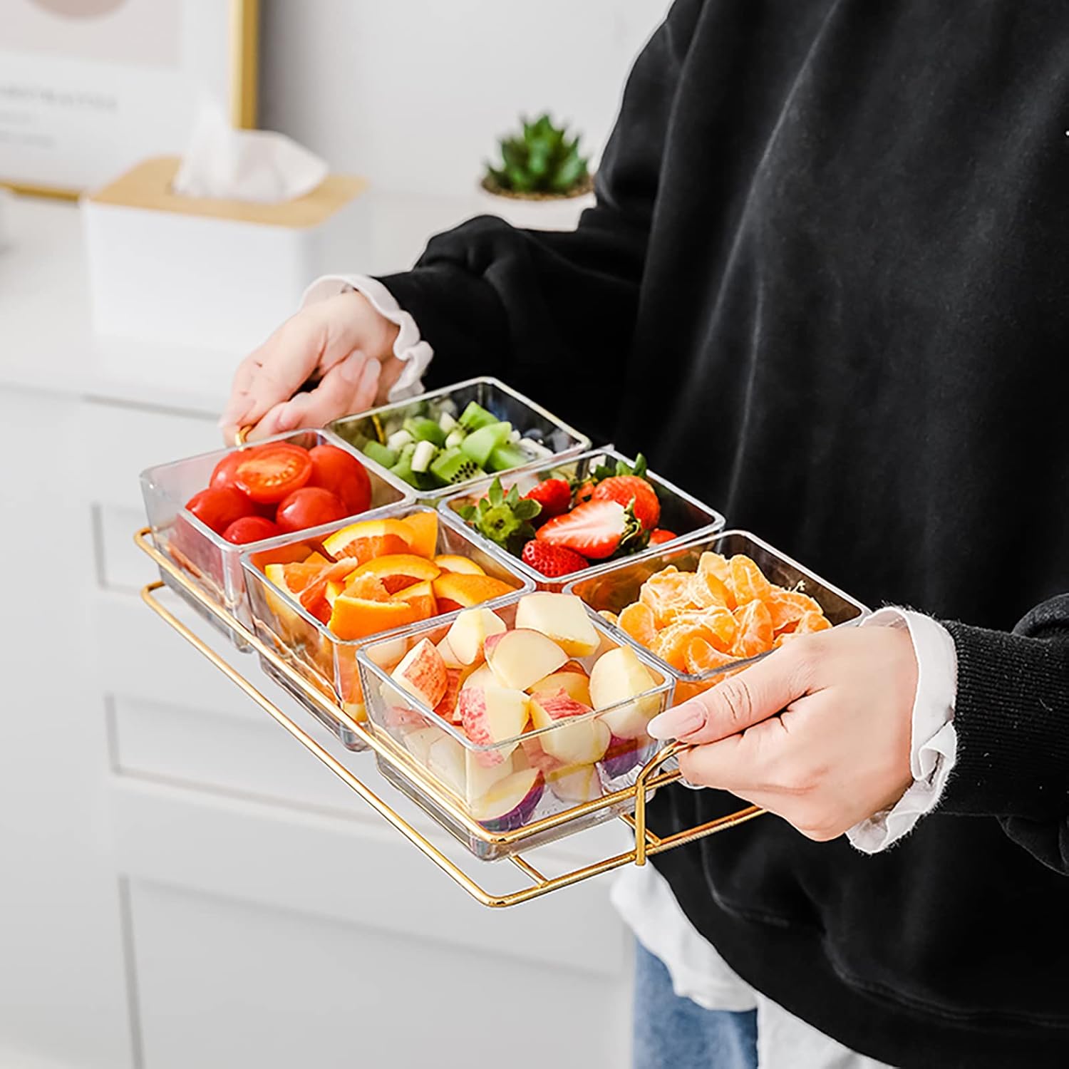 Alternative view of 6 Clear Glass Serving Bowls Set with Gold Metal Rack Tray, Removable Condiment Dishes Serving Bowls Buffet Server Food Display Relish Tray for Fruit Dessert Appetizer Nuts Snacks Candy Chip Dip Bowl