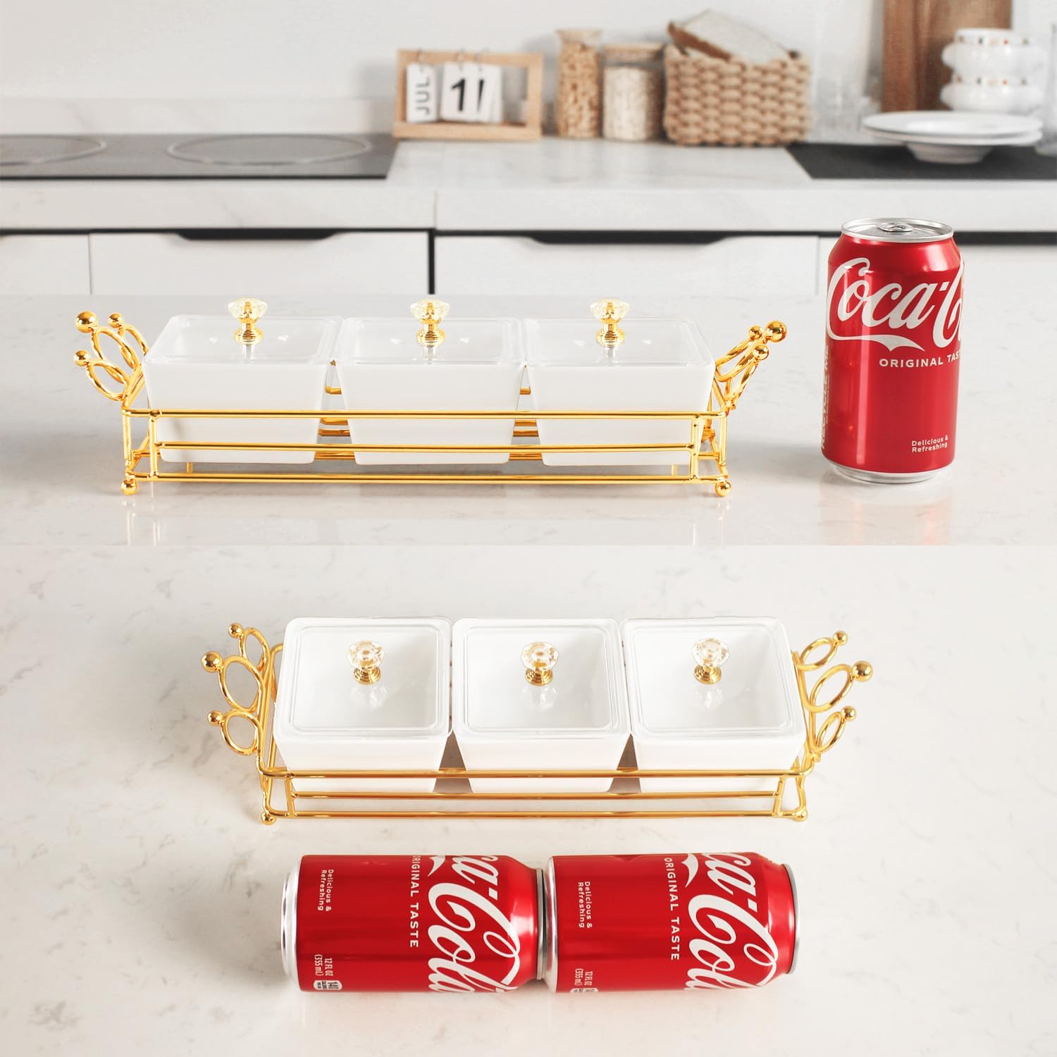 YA JU Ceramic Bowls and with Lid Gold Basket Trays, 3 Removable Small Bowls Condiment Trays Nut Serving Set for Snacks, Fruits, Candy and Condiments - Great for Parties, Holiday Gifts, White