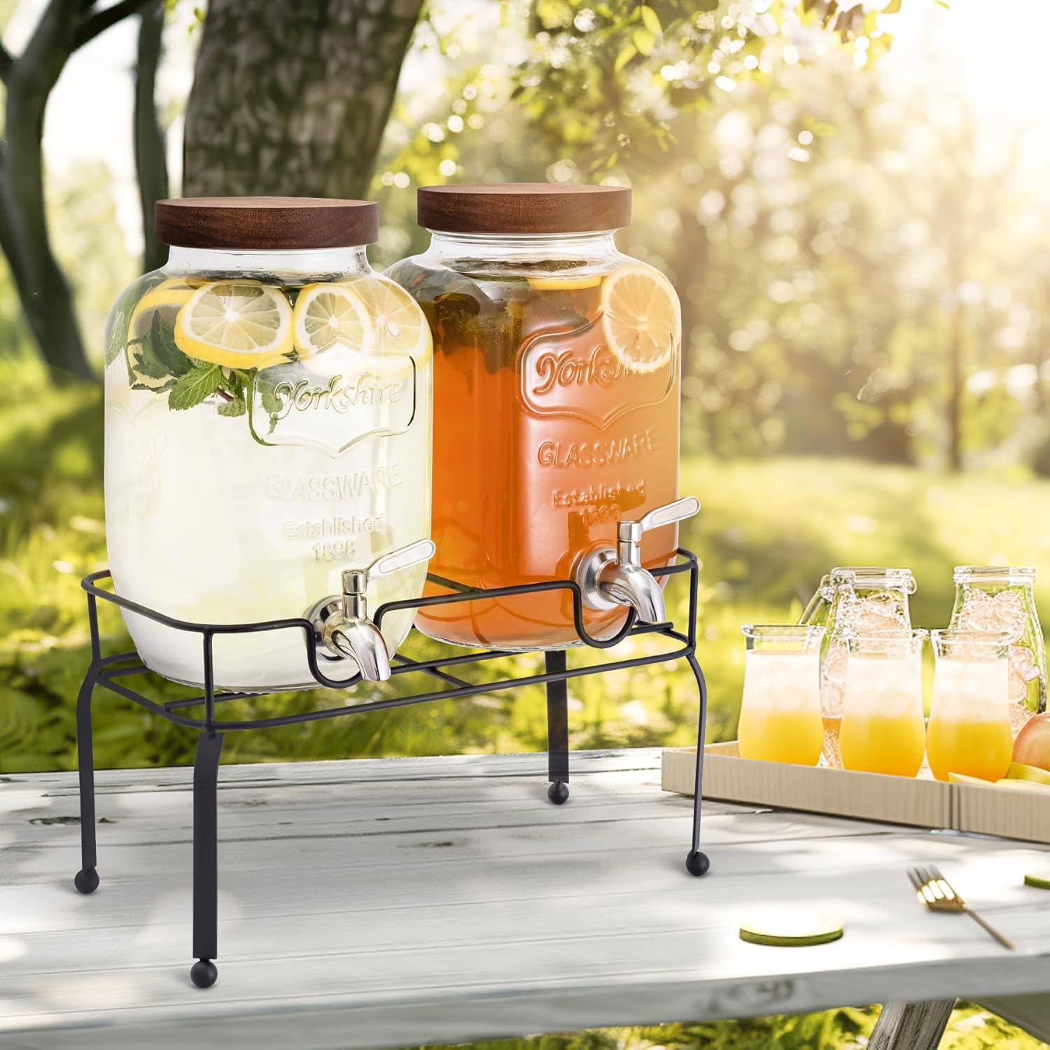 mustry Glass Drink Dispenser for Parties, 1 Gallon Beverage Dispenser with Stand and Spigot Solid Stainless Steel, Used as Lemonade Dispenser Sun Tea Jar Kombucha Jar, Set of 2