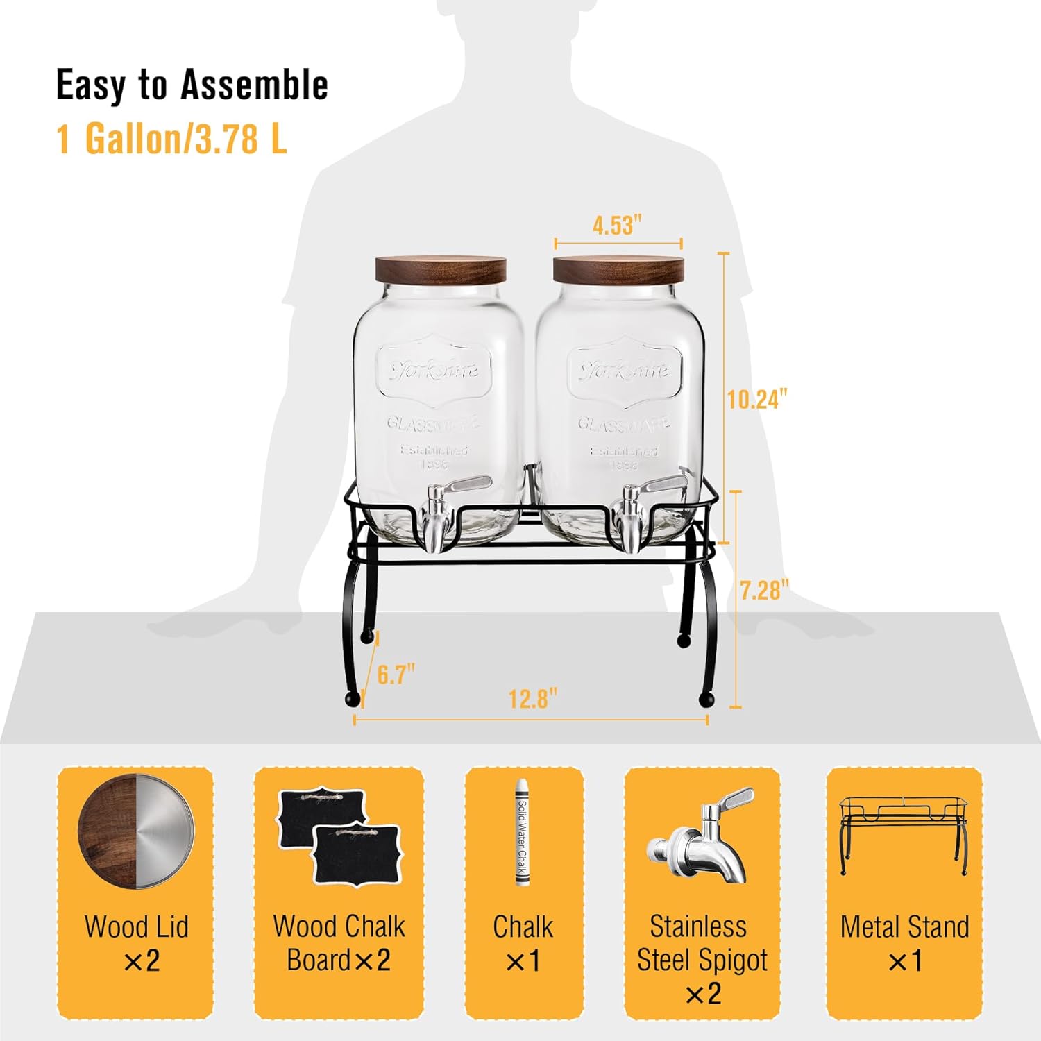 Alternative view of mustry Glass Drink Dispenser for Parties, 1 Gallon Beverage Dispenser with Stand and Spigot Solid Stainless Steel, Used as Lemonade Dispenser Sun Tea Jar Kombucha Jar, Set of 2