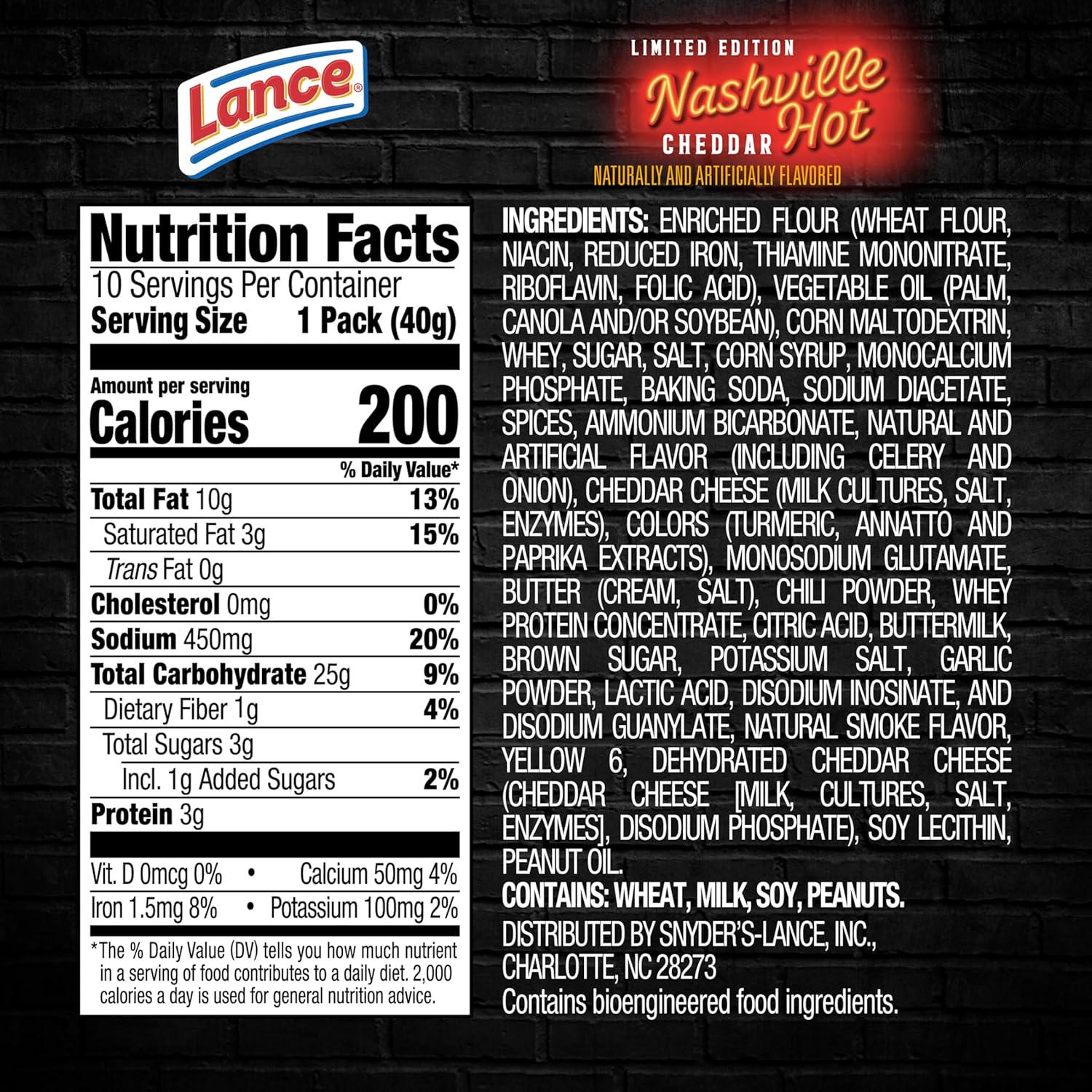 Lance Nashville Hot Cheddar Sandwich Crackers, 10 Pack