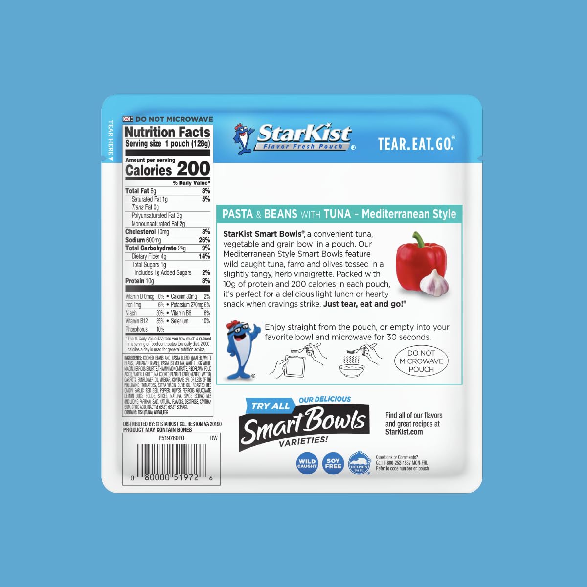 StarKist Smart Bowls Tuna, Pasta and Beans, Mediterranean Style, 4.5 oz Pouch