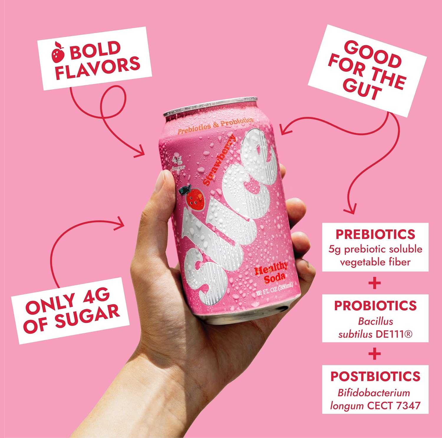 Slice Strawberry Healthy Soda, With Prebiotics and Probiotics, 12 fl oz Can