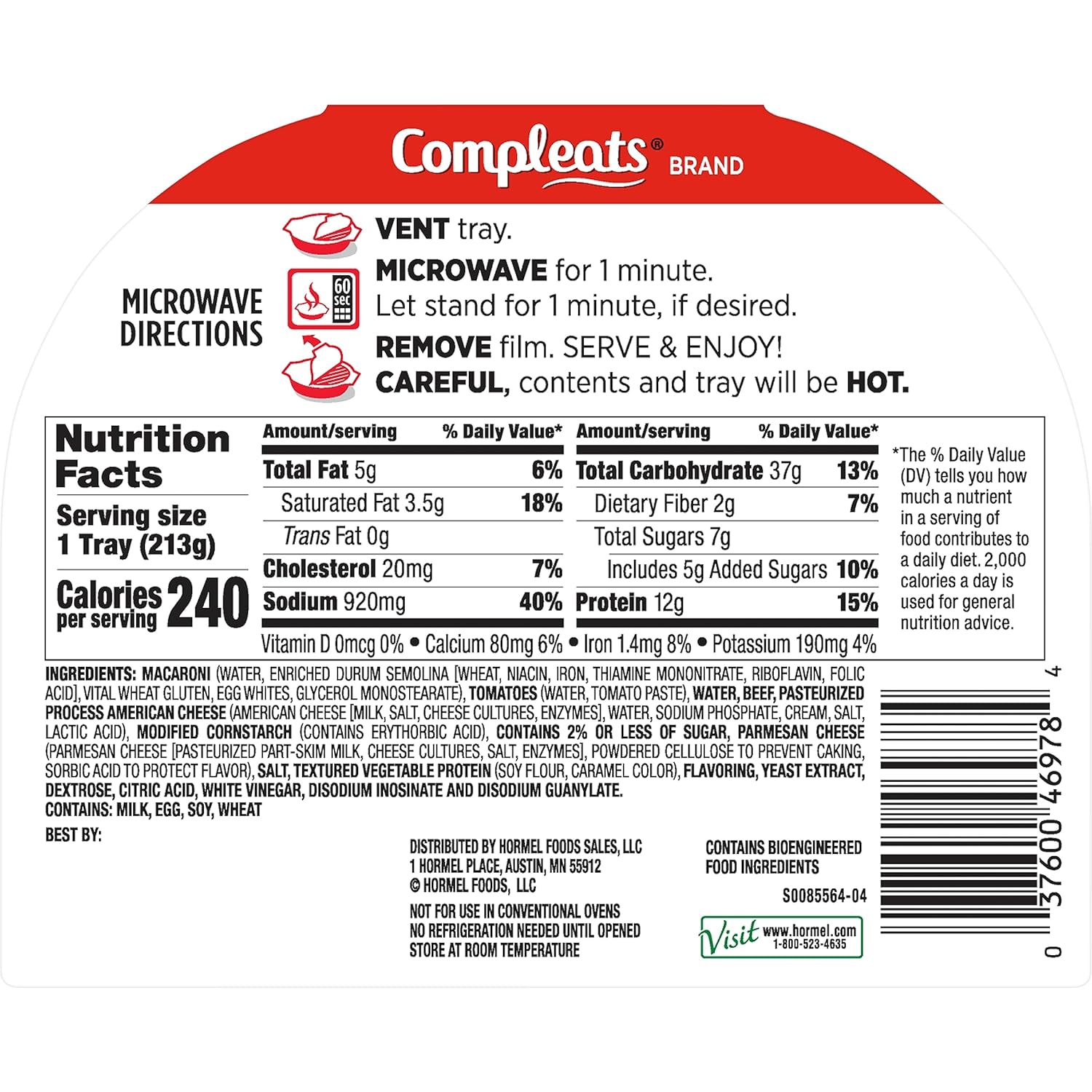 HORMEL COMPLEATS Beefy Mac & Cheese Microwave Tray, 7.5 Ounces (Pack of 7)