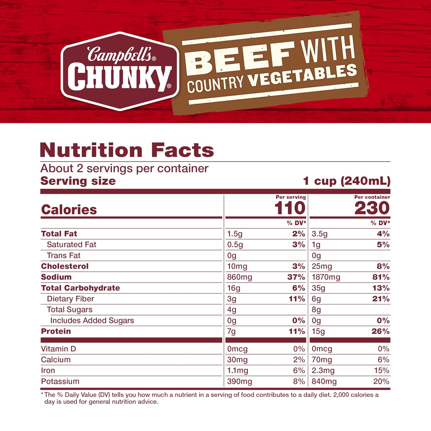 Campbellu2019s Chunky Soup, Beef Soup with Country Vegetables, 18.8 Oz Can