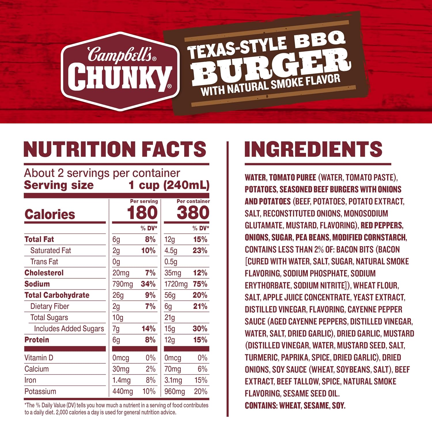Campbell's Chunky Texas-Style BBQ Burger with Natural Smoke Flavor Soup, 18.8 oz Can