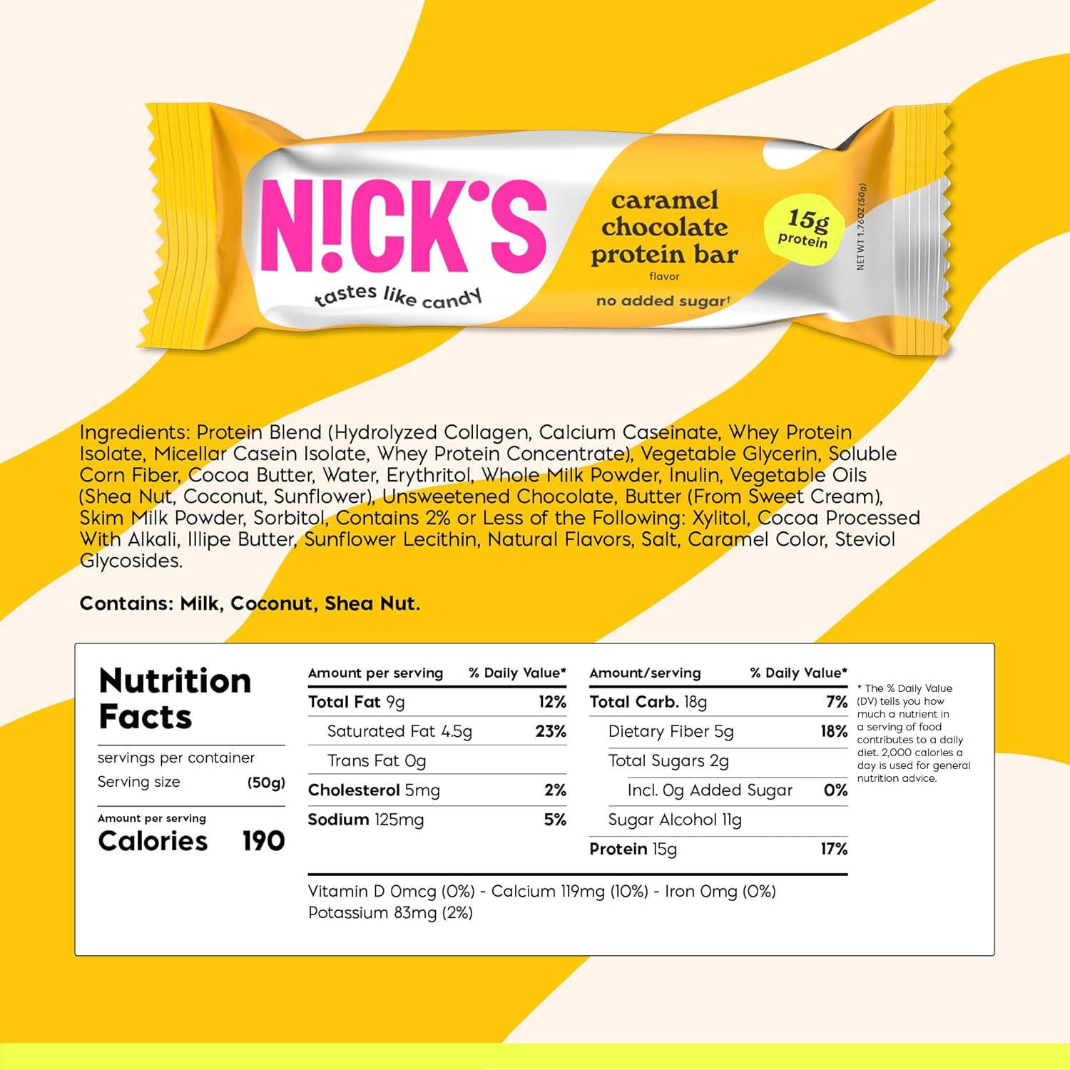Nicku2019s Protein Bars Chocolate Caramel u2013 12-Count Box | Protein-Packed Snack, Low Calories, Low Carbs, Keto Friendly, No Added Sugar (12 bars x 50g)