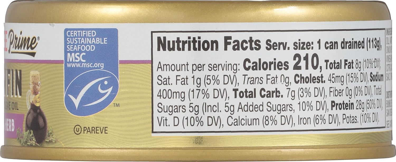 Bumble Bee Prime Balsamic & Herb Yellowfin Tuna in Extra Virgin Olive Oil, 5 oz Can - Wild Caught Ahi Tuna - 28g Protein Per Serving - Non-GMO, MSC Certified Sustainable Seafood