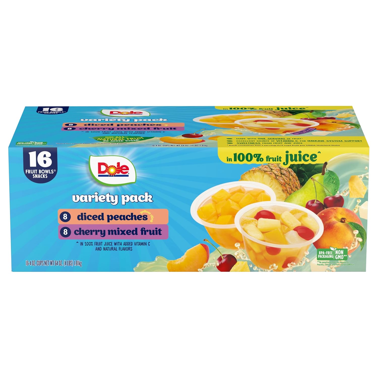 Dole Fruit Bowls Diced Peaches in 100% Juice Snacks, 4oz 36 Total Cups, Gluten & Dairy Free, Bulk Lunch Snacks for Kids & Adults - Image 3