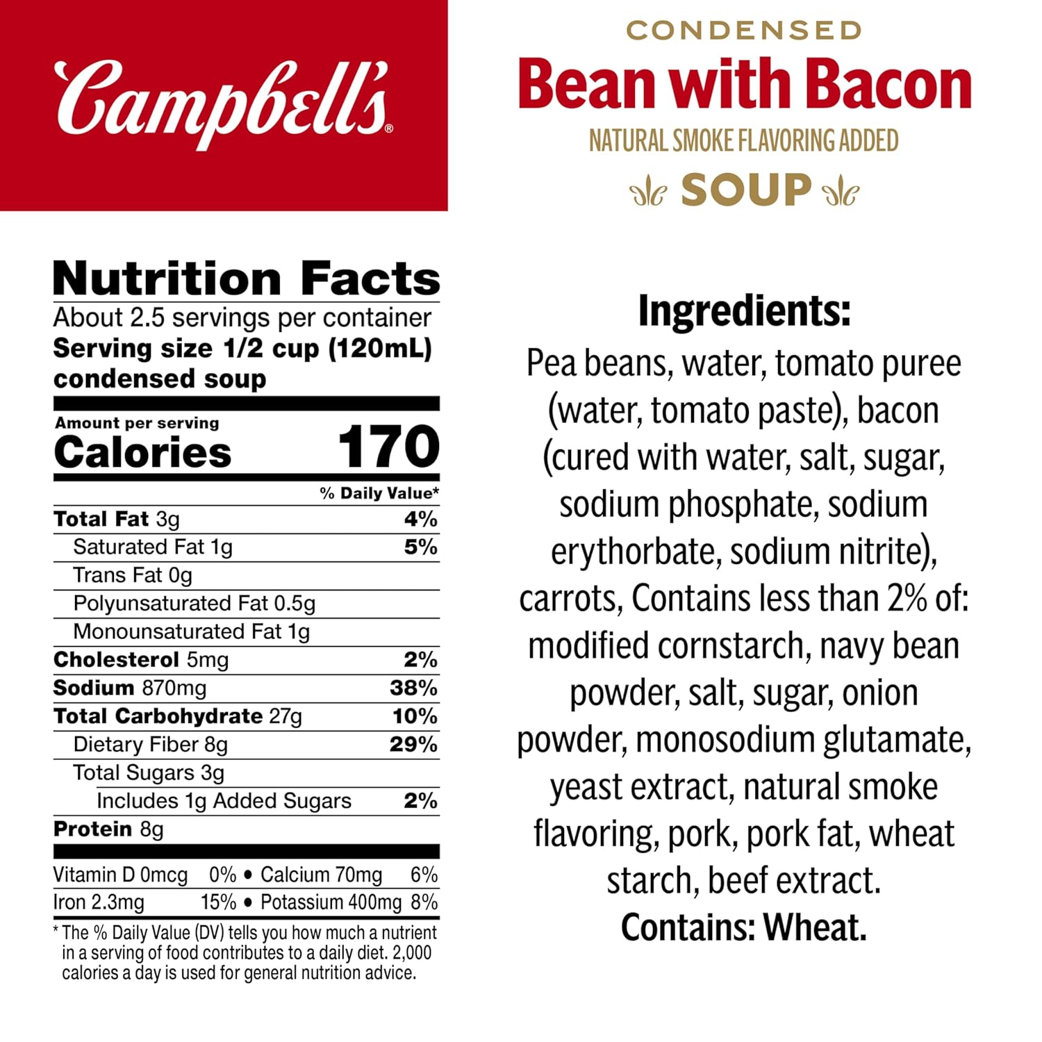 Campbell's Condensed Bean With Bacon Soup, Natural Smoke Flavoring Added, 11.25 oz Can