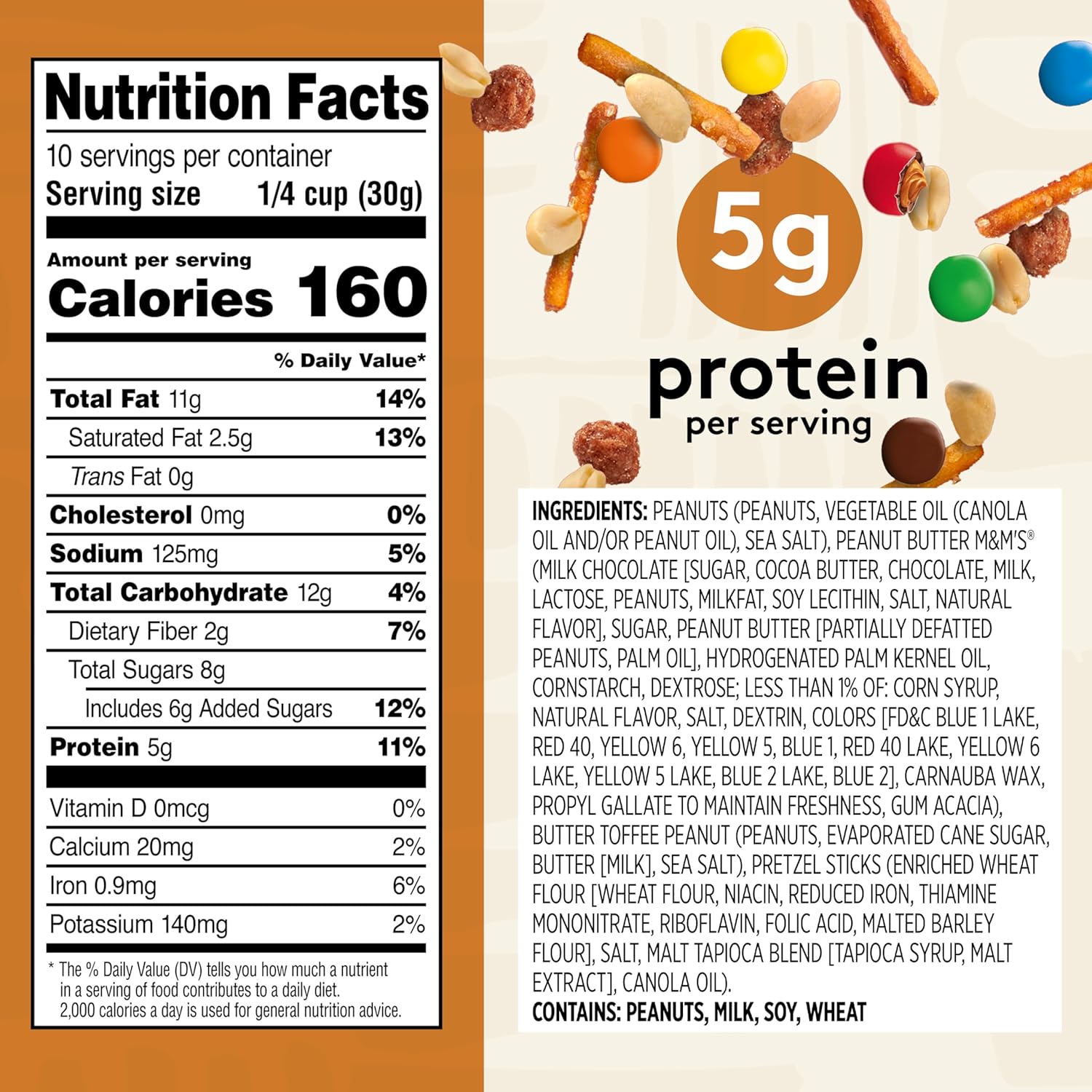 Snak Club Peanut Butter Chocolate Trail Mix with Peanuts, Peanut Butter M&Mu2019S, Toffee Peanuts, and Pretzels, 11 oz Resealable Bag