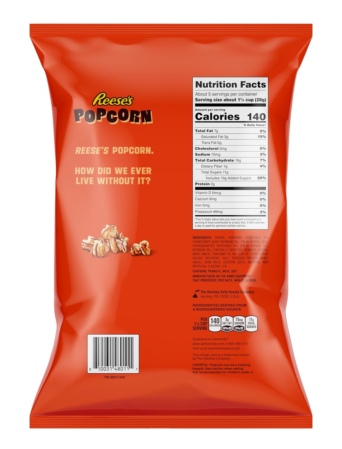 Reese's Popcorn, 5.25oz Grocery Sized Bag, Popcorn Drizzled in Reese's Peanut Butter and Chocolate, Ready to Eat, Savory Snack, Sweet and Salty