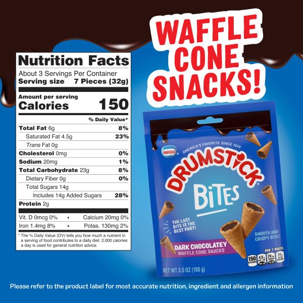 Drumstick Bites Dark Chocolatey Waffle Cone Snacks, Chocolate Dessert, Pantry Snacks 3.5 oz