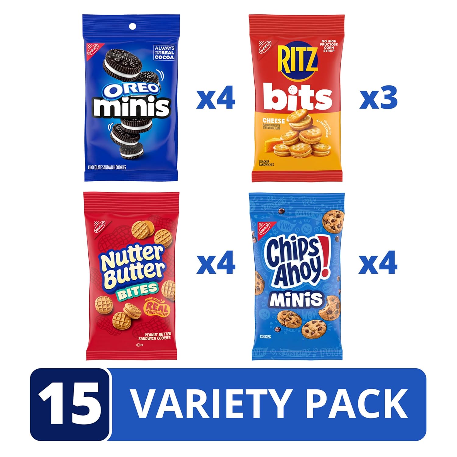 OREO Minis Cookies, CHIPS AHOY! Minis Cookies, Nutter Butter Bites & RITZ Bits Cheese Crackers Variety Pack, 15 Snack Packs - Image 2