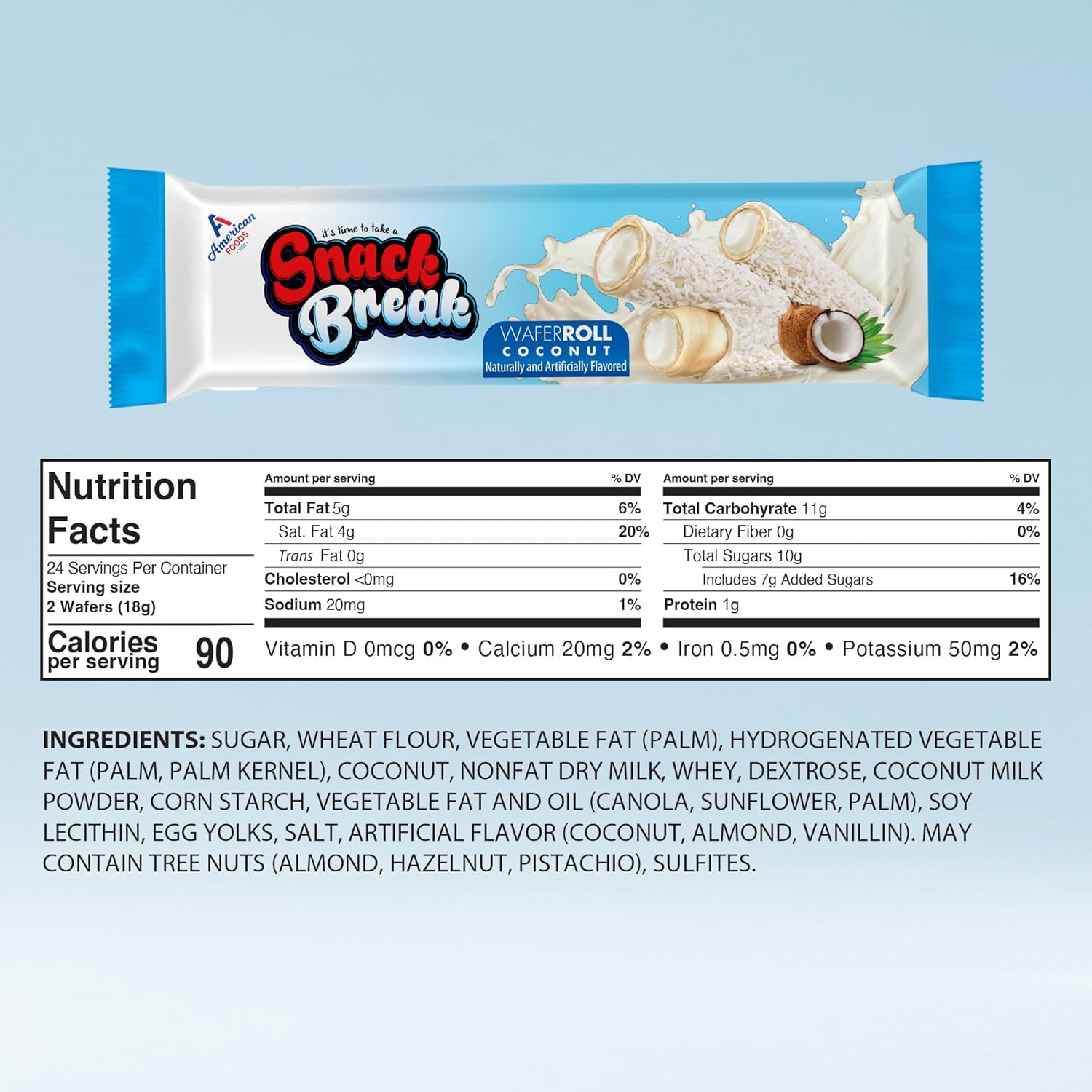 Snack Break Coconut Wafer Rolls, Rolled Wafer Cookies, Coconut Coated Delicious Snack, Individually Wrapped, Crunchy Sticks for On-the-Go, Coffee, Tea, Pack of 24